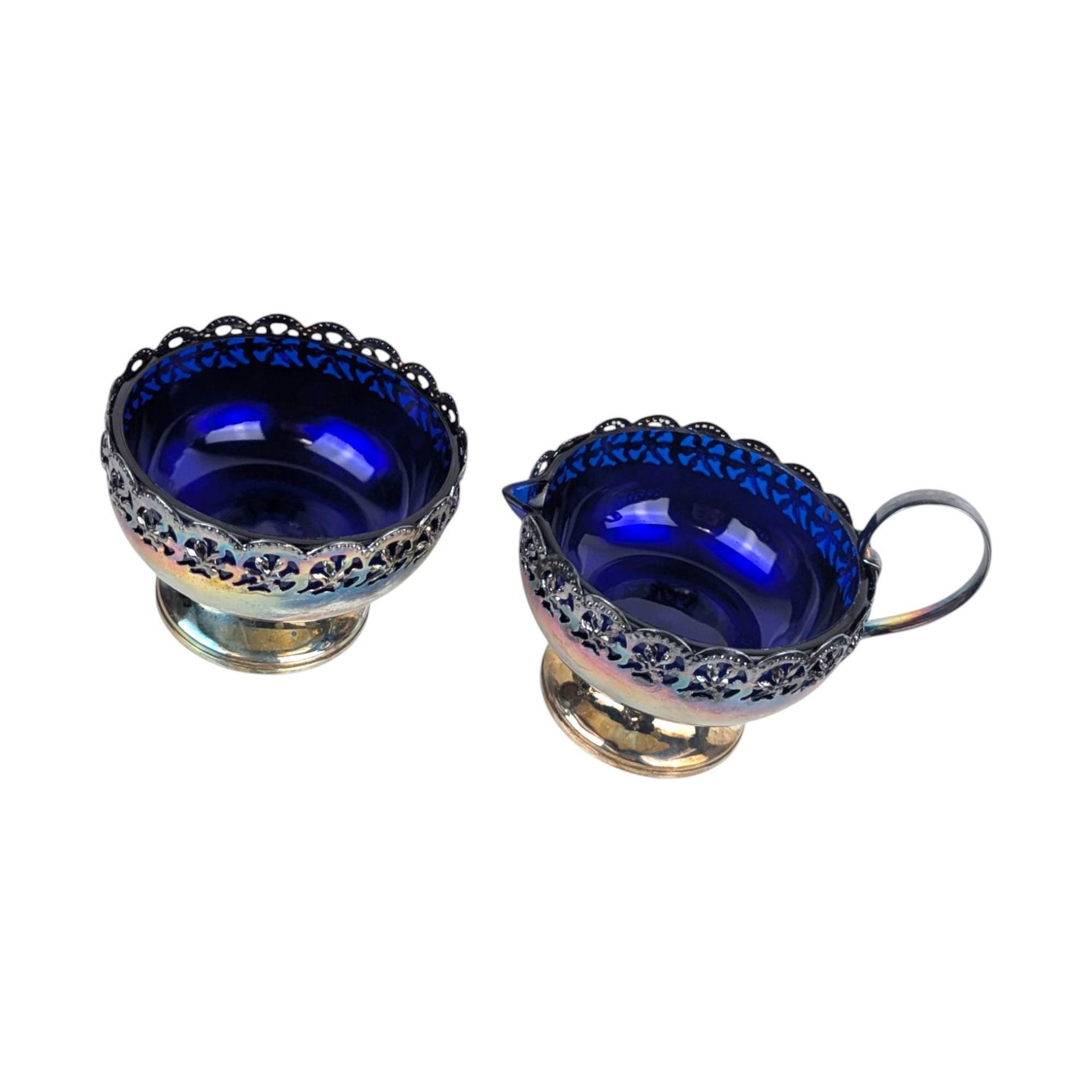 Vintage English Silverplated Blue Glass Creamer Sugar Bowl Set Celtic Design Tableware Gift for Hostess