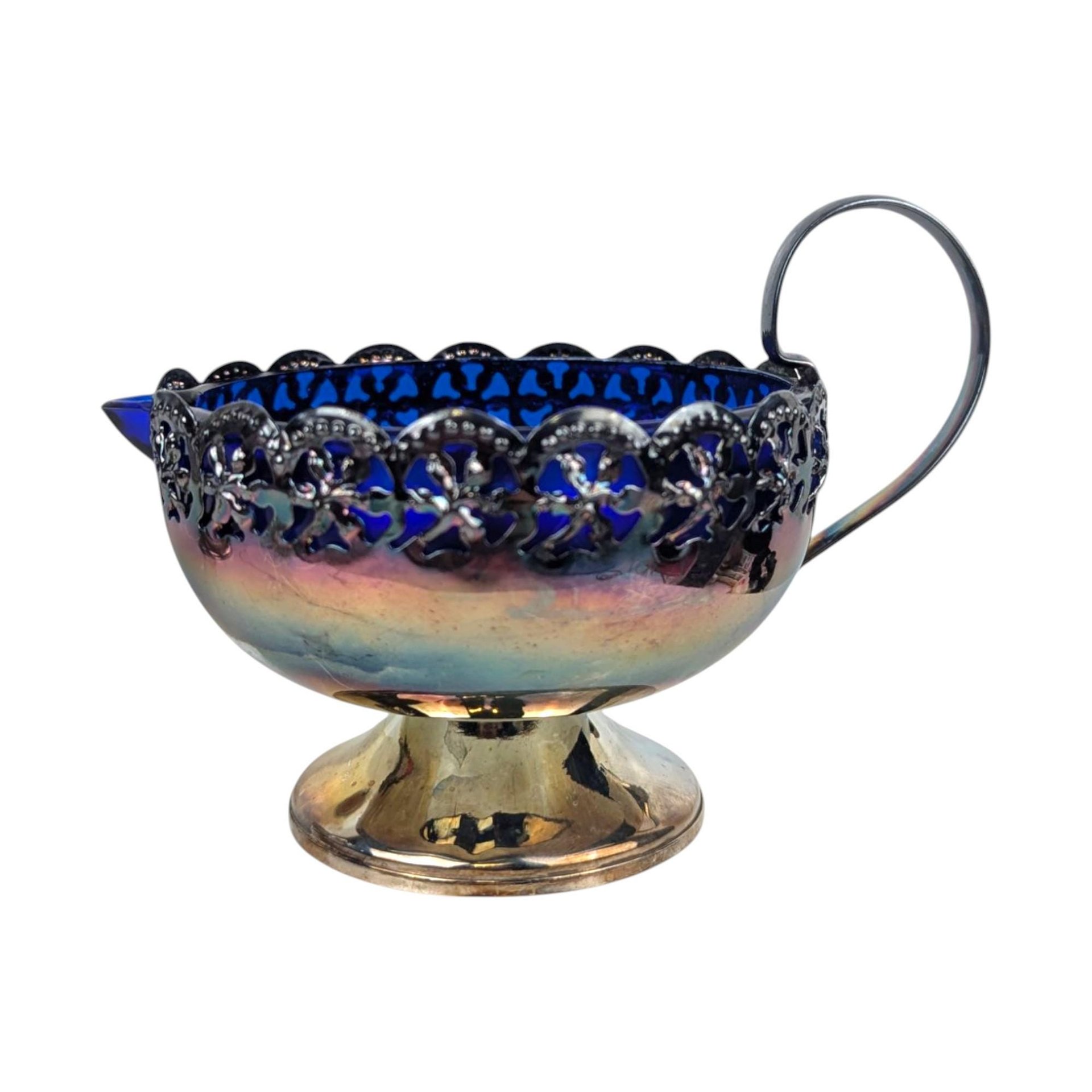 Vintage English Silverplated Blue Glass Creamer Sugar Bowl Set Celtic Design Tableware Gift for Hostess