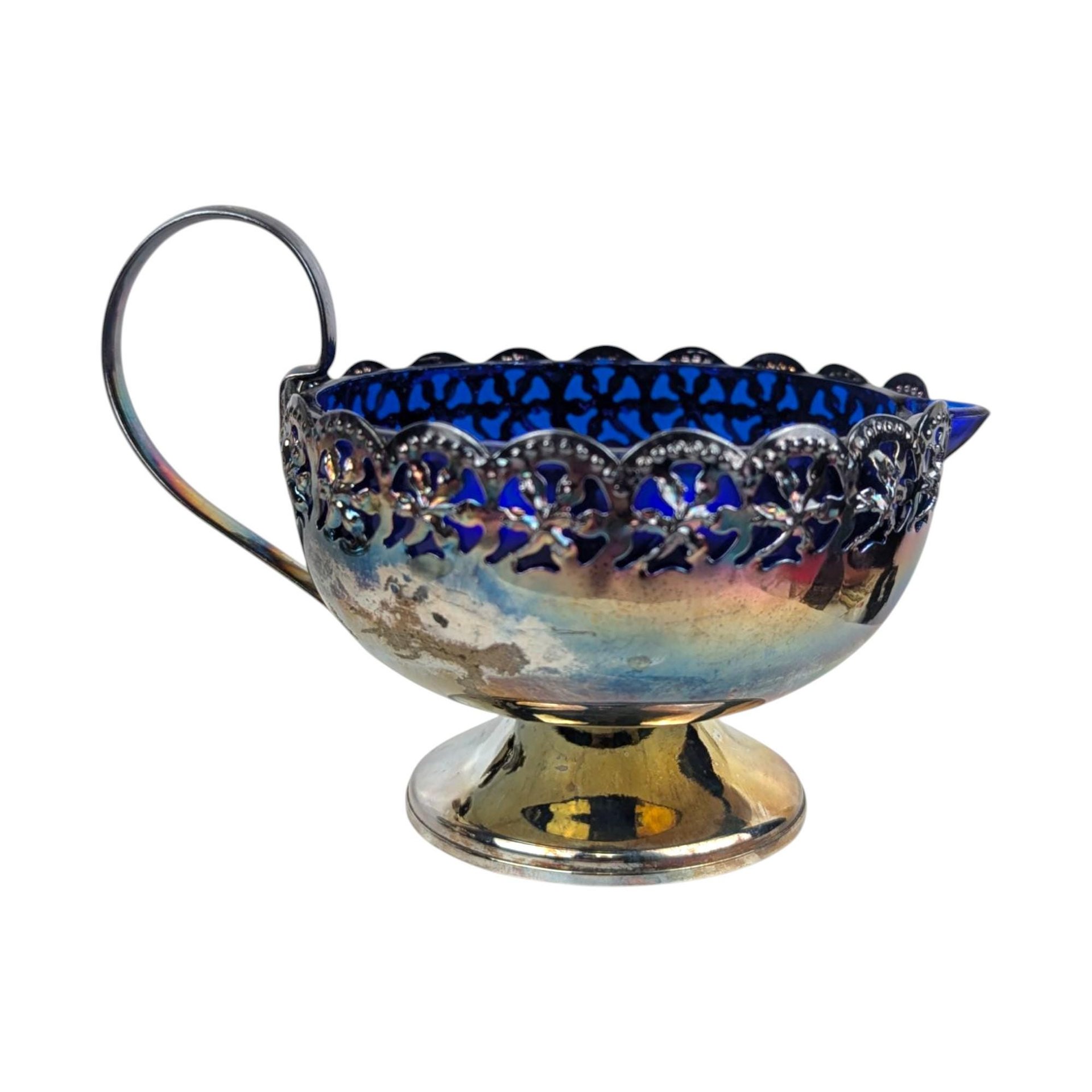 Vintage English Silverplated Blue Glass Creamer Sugar Bowl Set Celtic Design Tableware Gift for Hostess