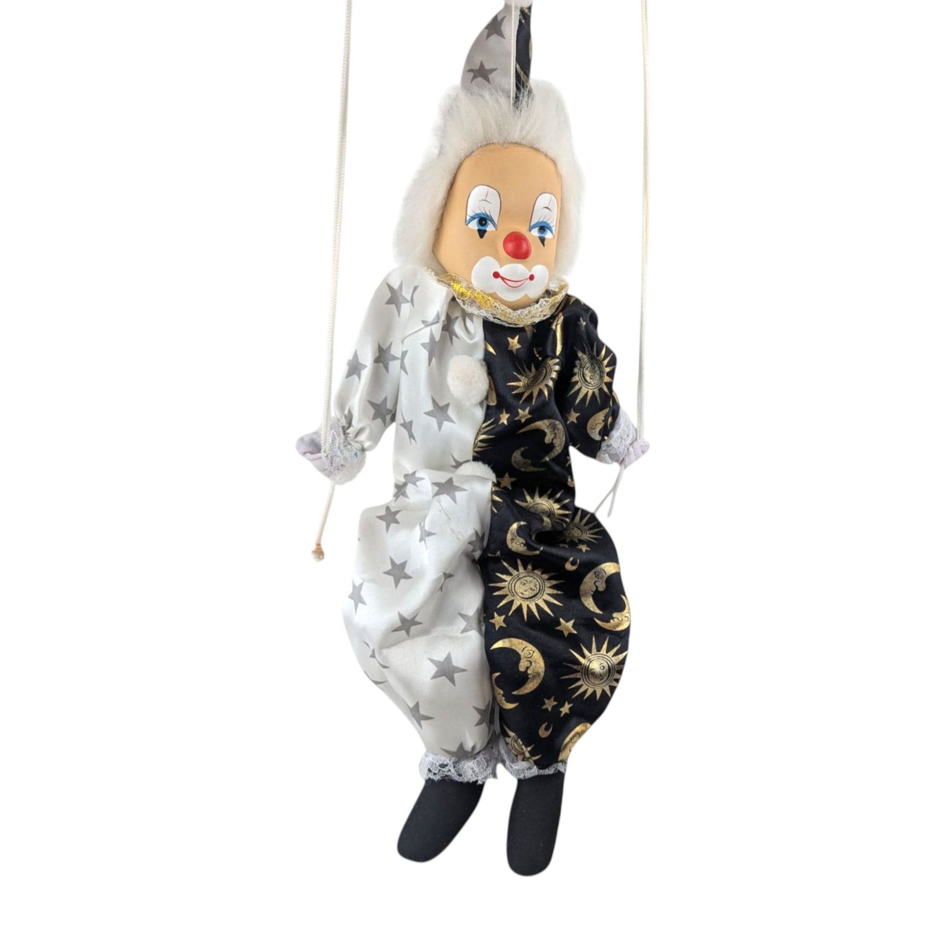 Vintage Moon and Stars Clown Doll, Black White Porcelain Swing Figure, Celestial Circus Decor, Collectible