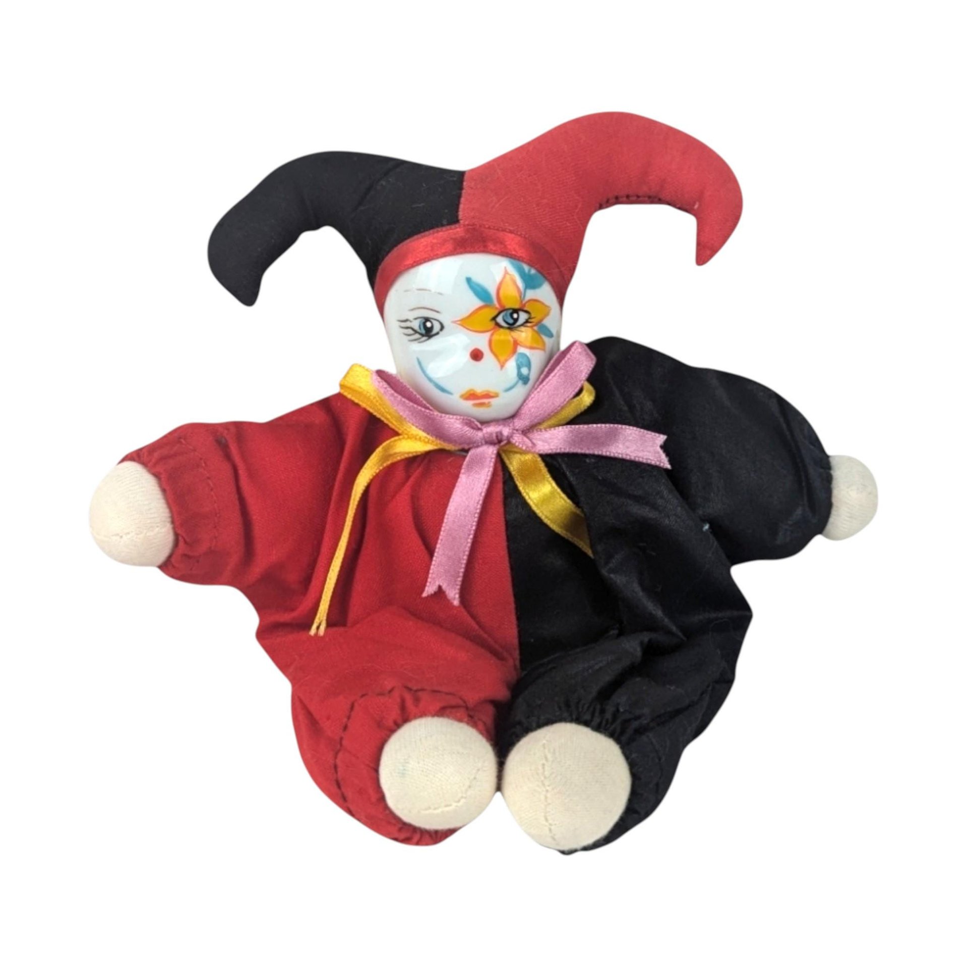 Vintage Jester Doll, Small Clown Doll with Flower, Whimsical Doll, Collectible Doll, Unique Gift