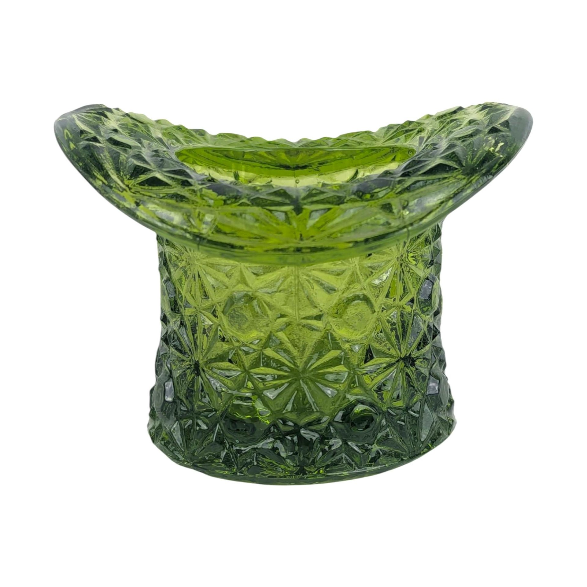 Vintage Green Glass Top Hat, Daisy and Button Pattern Glass, Mid Century Toothpick Holder or Match Striker, Novelty Art Glass Decor
