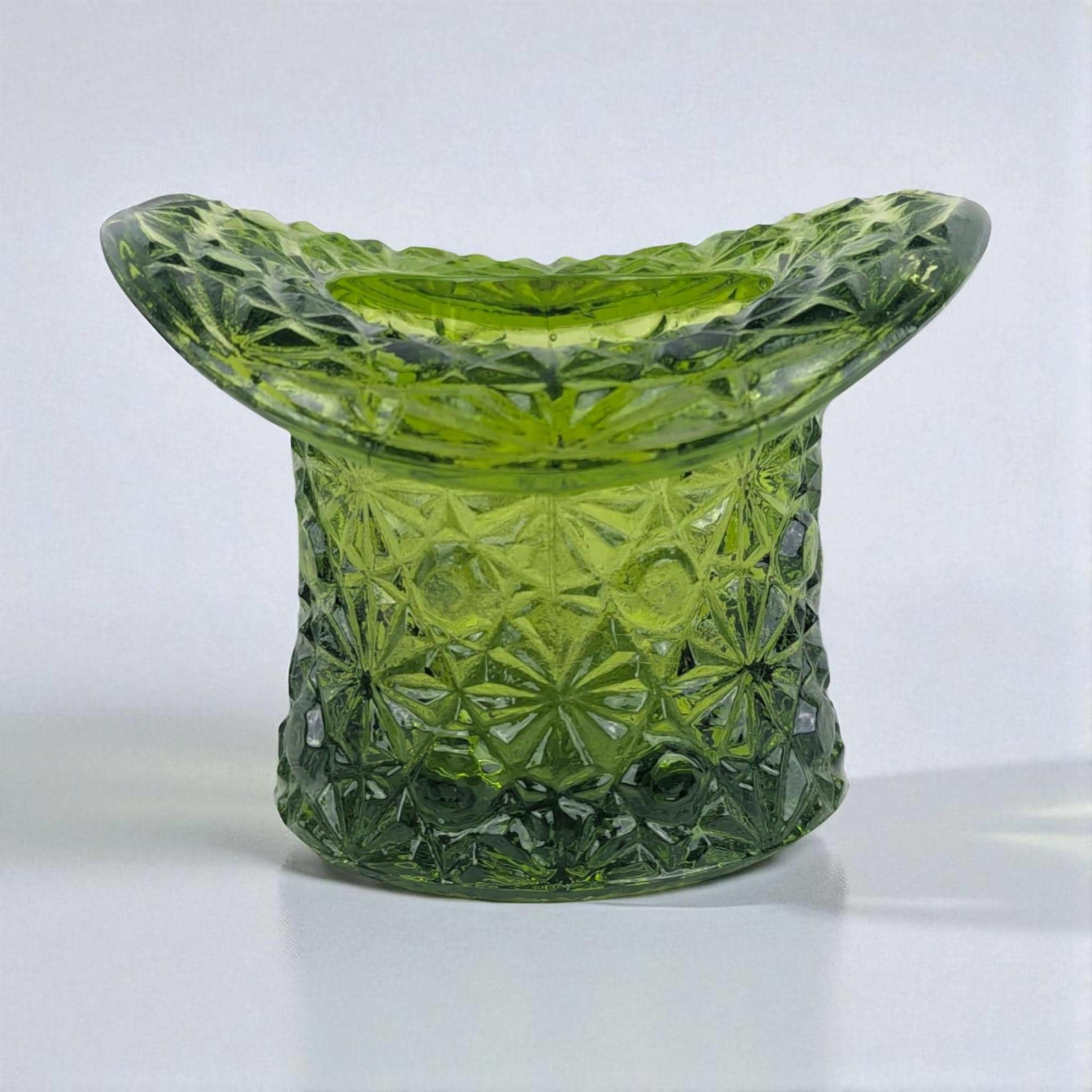 Vintage Green Glass Top Hat, Daisy and Button Pattern Glass, Mid Century Toothpick Holder or Match Striker, Novelty Art Glass Decor