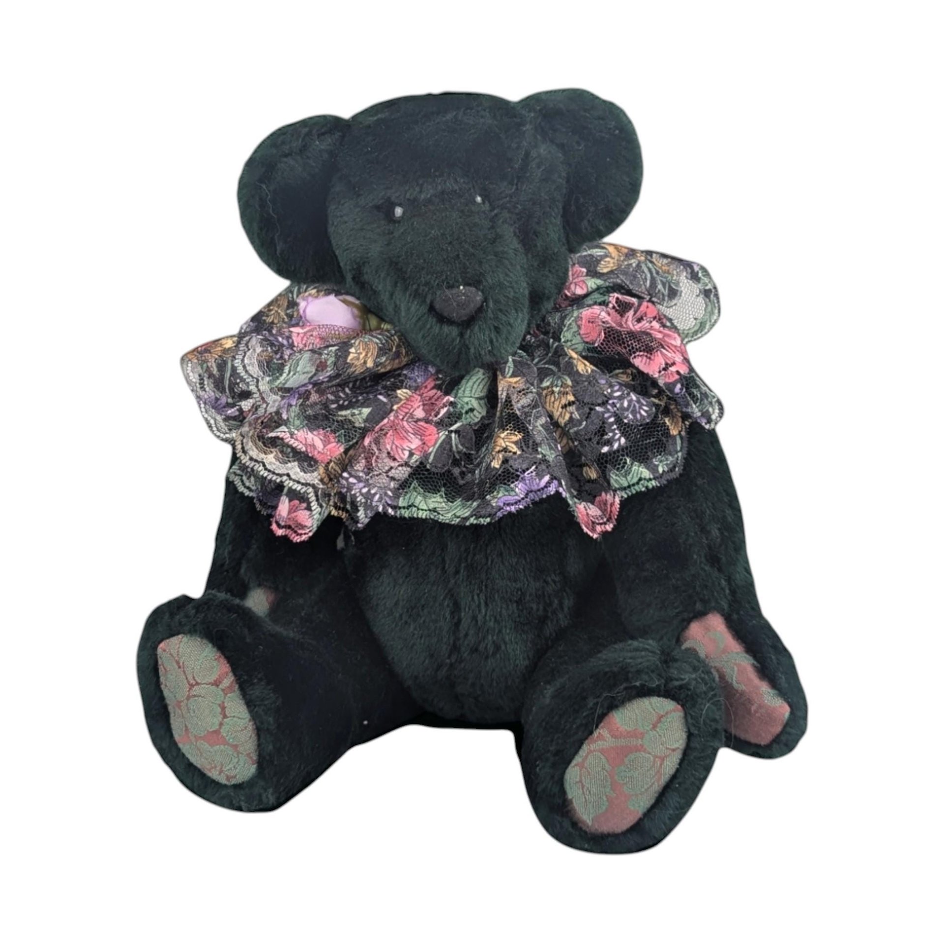 Vintage 1994 Green Teddy Bear: Floral Lace Collar, Collectible Plush