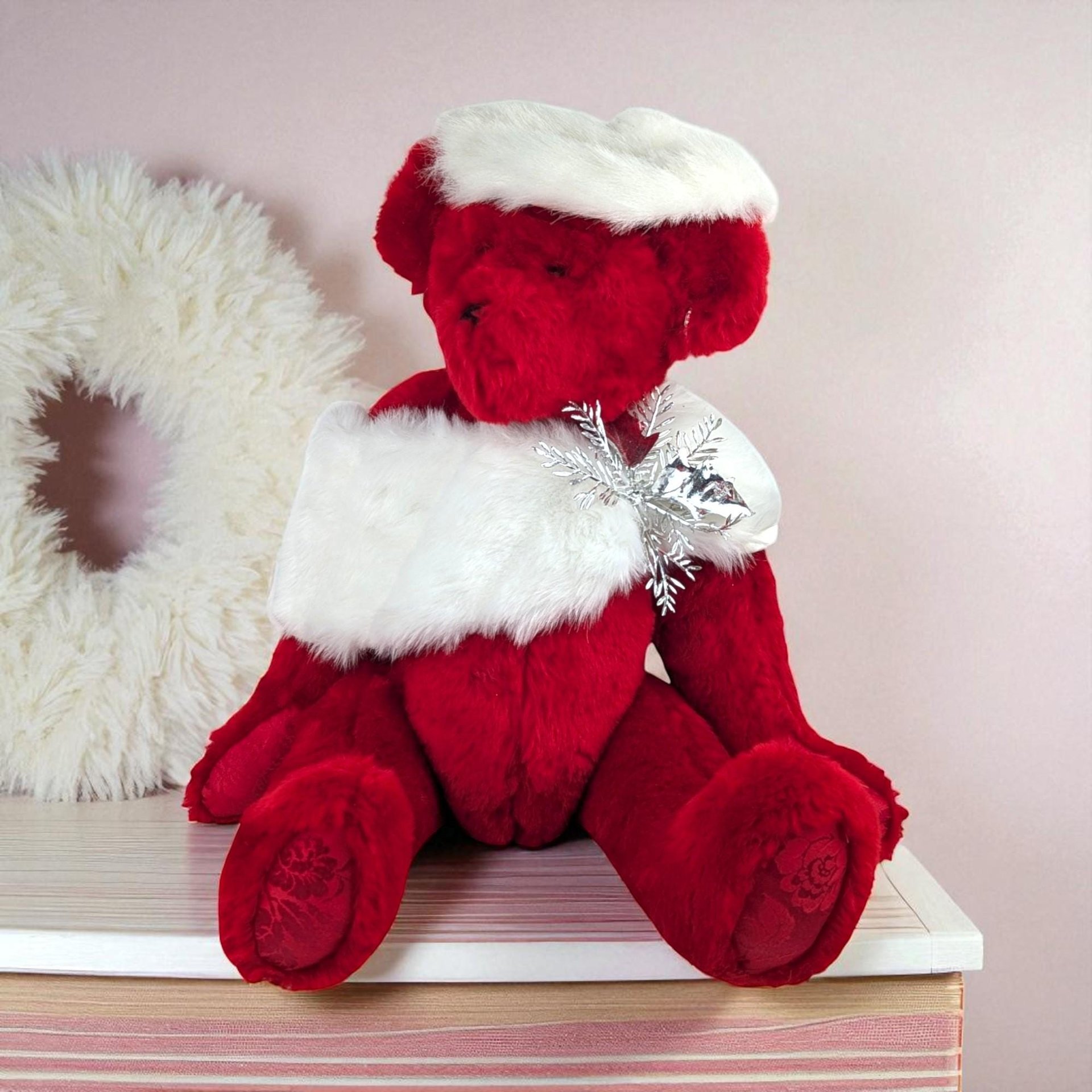 Vintage 1993 Johnson Creations Red Teddy Bear: Christmas Plush with Faux Fur Hat