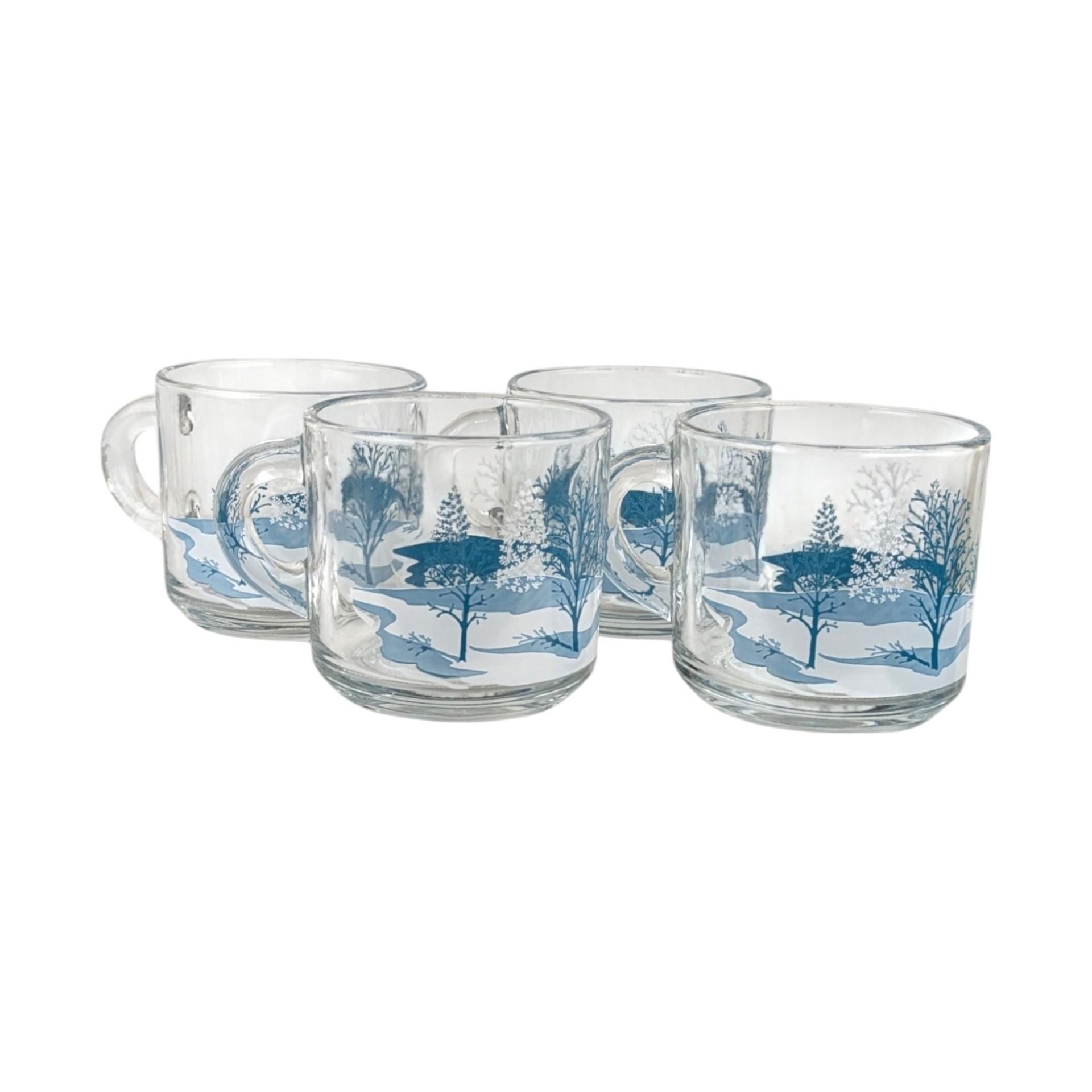 Anchor Hocking Winter Scene Mugs (Set of 4) - Blue and White Christmas Mugs
