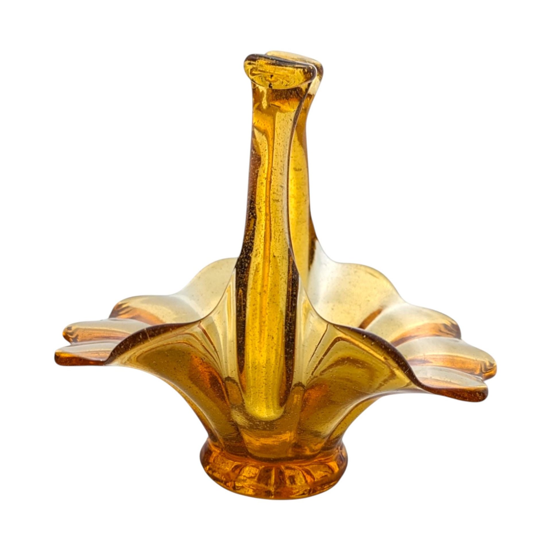 Vintage Amber Art Glass Basket: Mid Century Hand Blown Decor