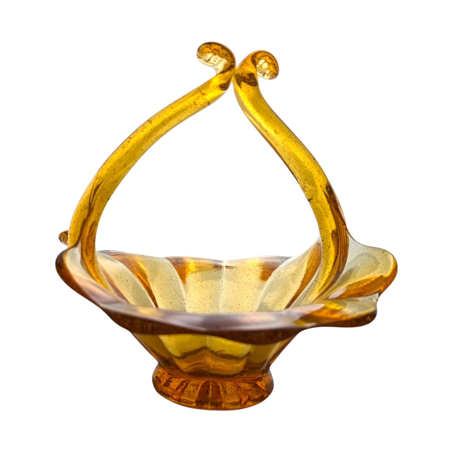 Vintage Amber Art Glass Basket: Mid Century Hand Blown Decor