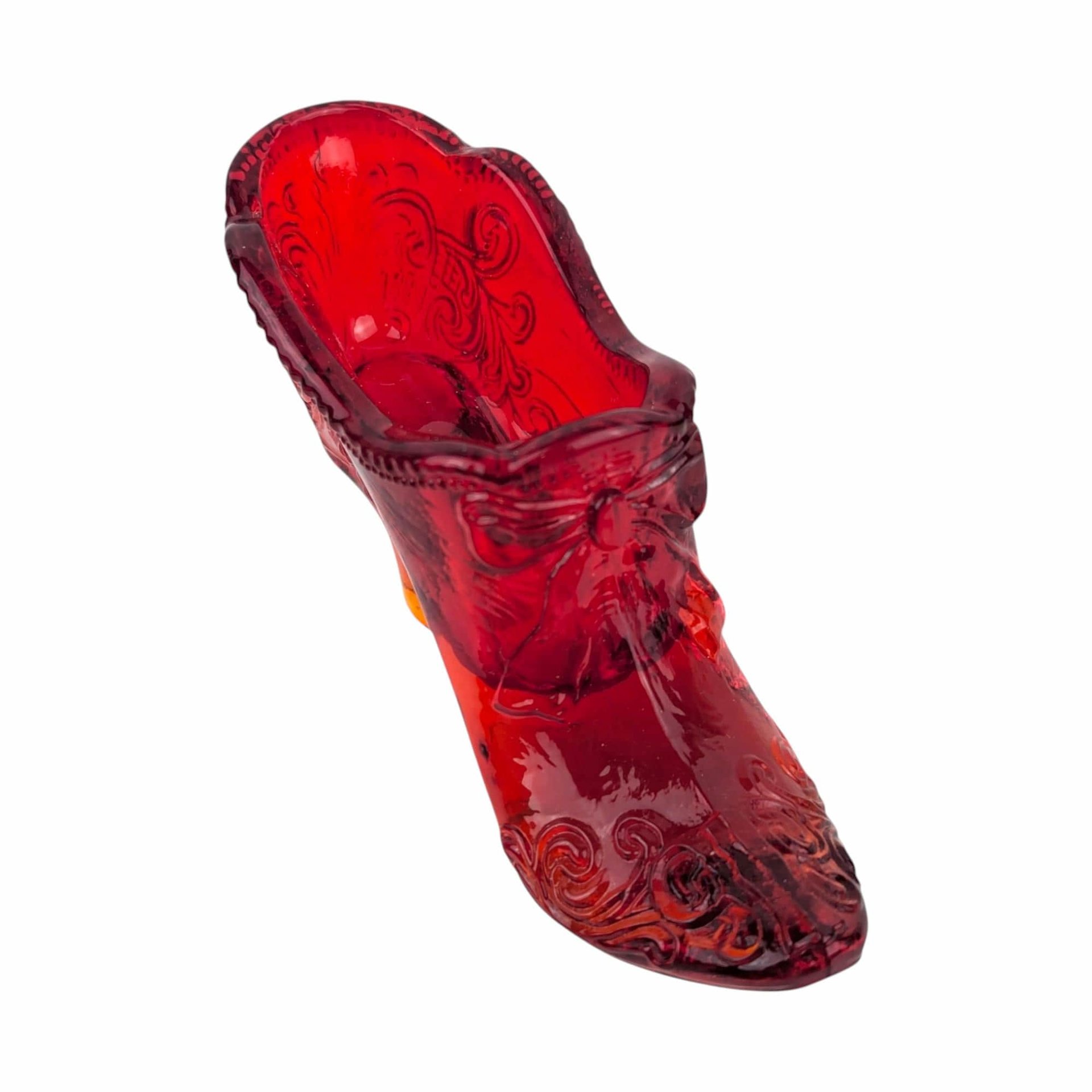 Vintage Amberina Glass Shoe: Floral Bow Art Glass Slipper