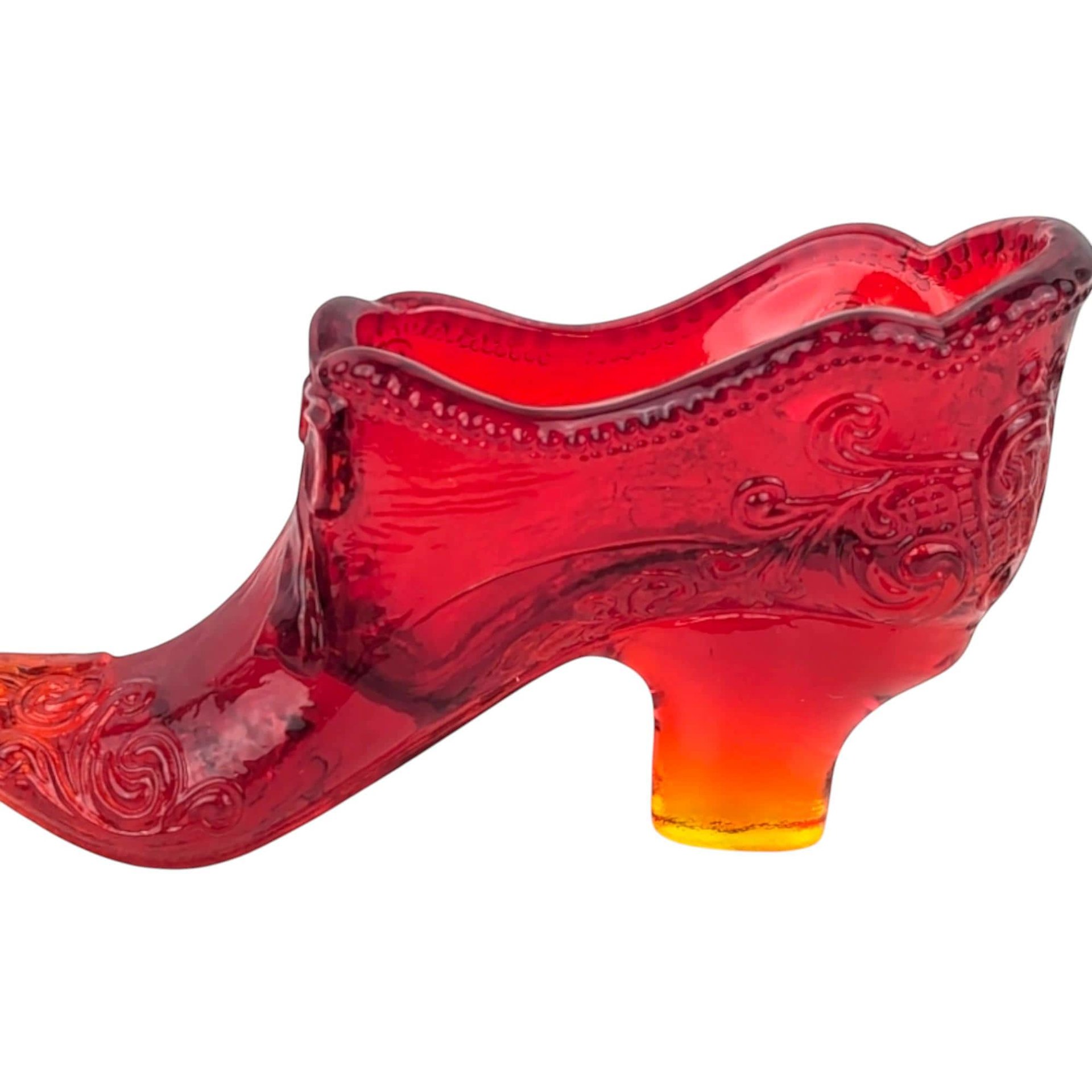 Vintage Amberina Glass Shoe: Floral Bow Art Glass Slipper