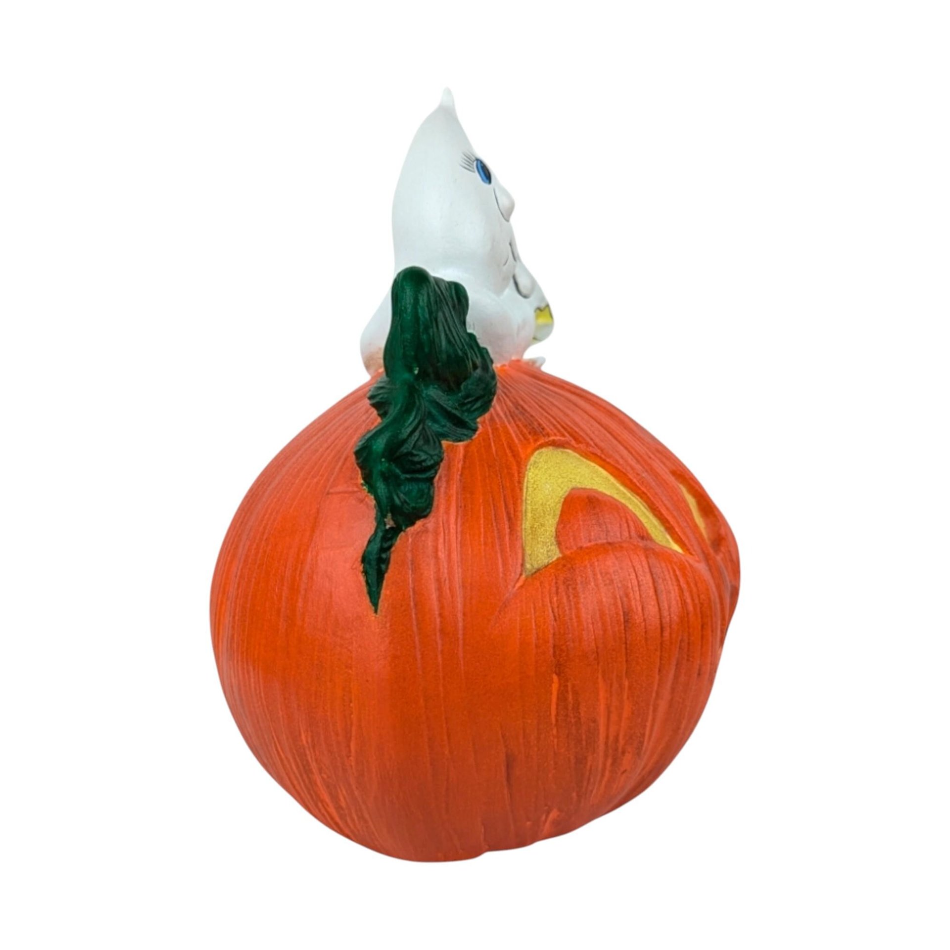 Vintage Hand-Painted Ghost & Jack O'Lantern Figurine: Whimsical Halloween Decor