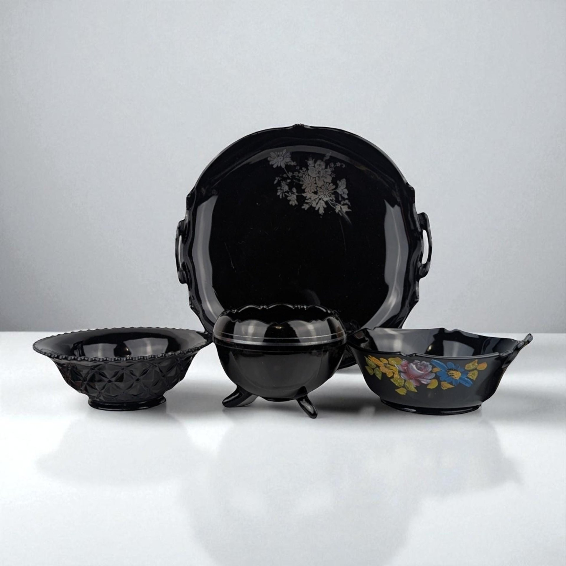 Vintage Black Glass Bowl Set: LE Smith Plate & Hand-Painted Floral Bowl