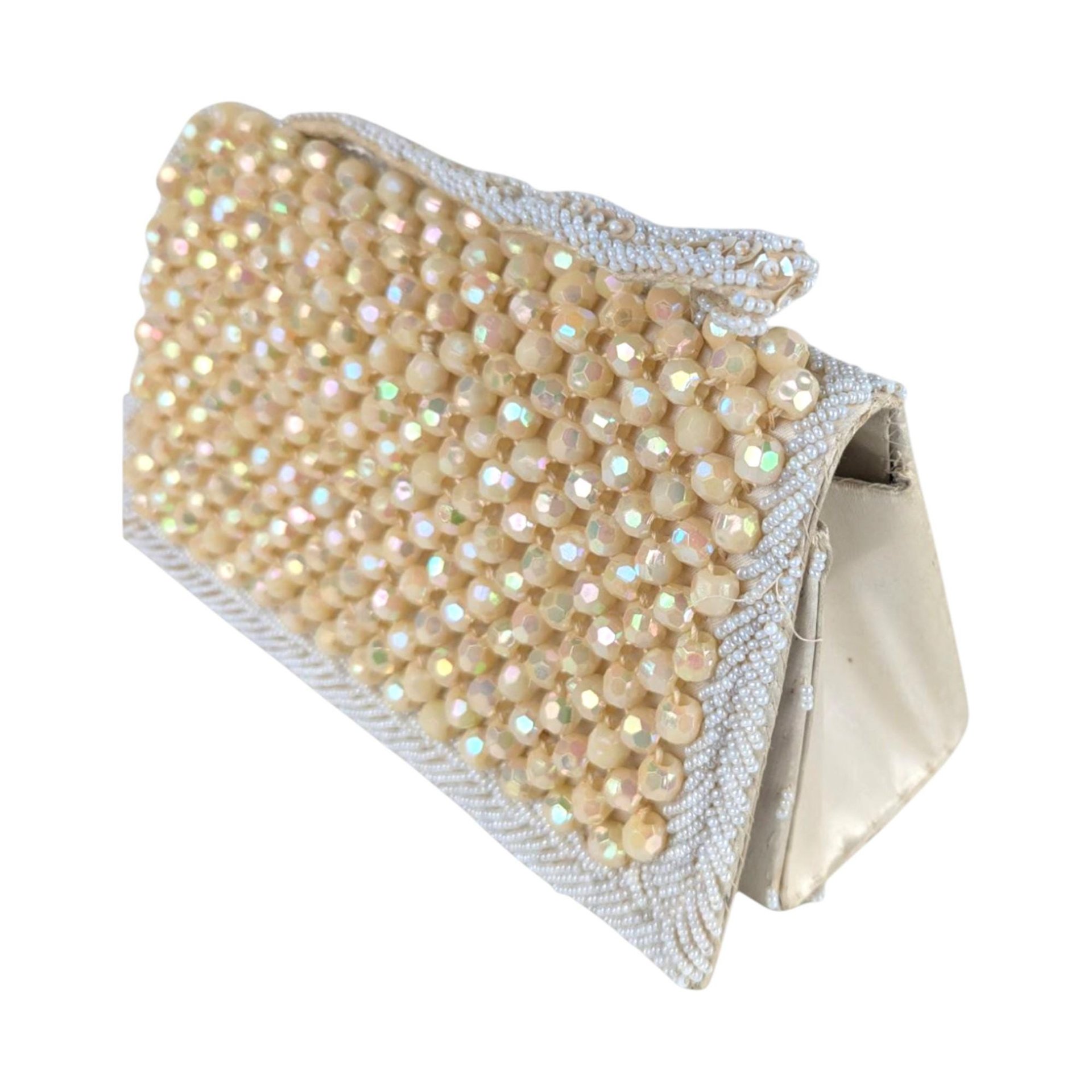 Vintage Cream Beaded Handbag: Handmade Hong Kong Evening Clutch