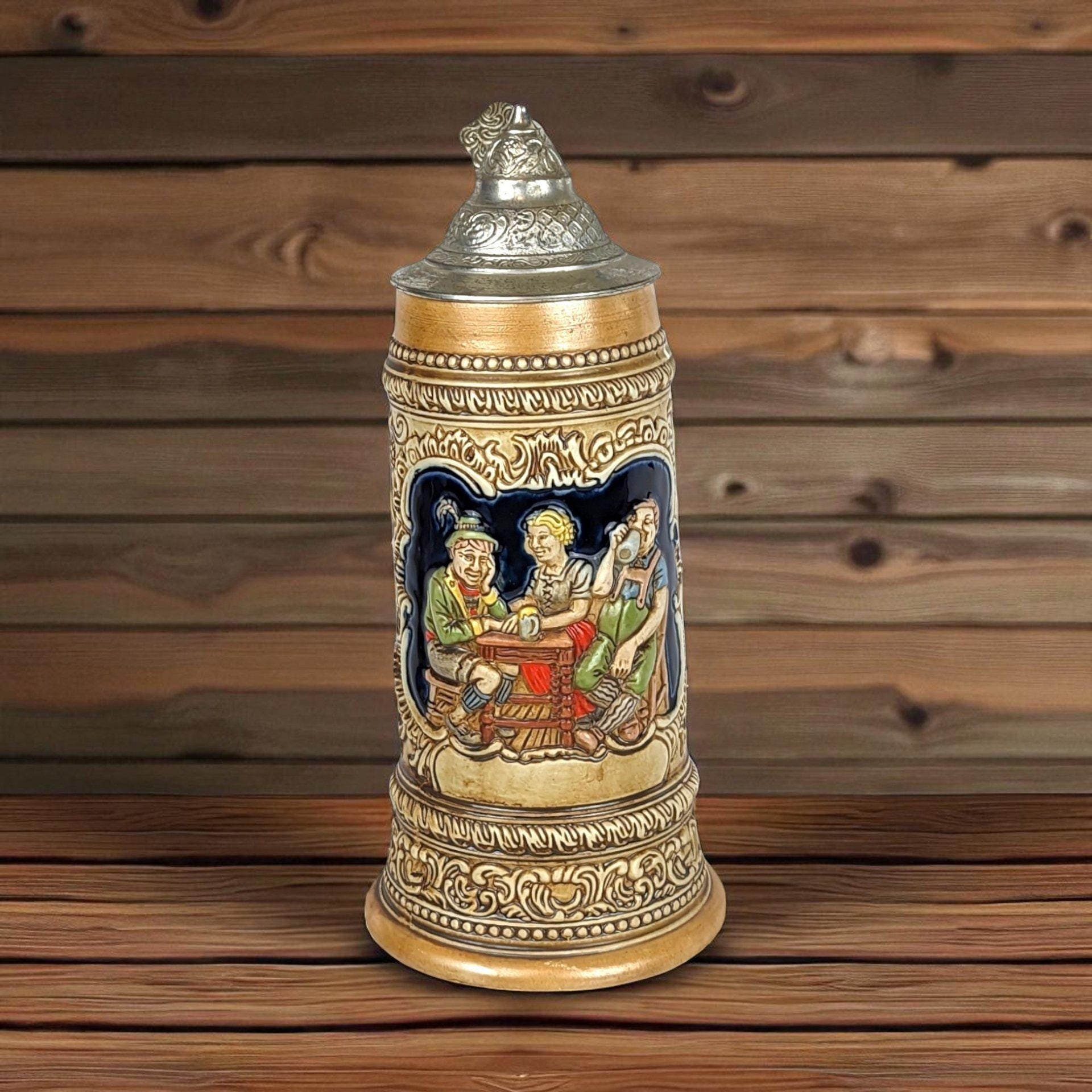 Vintage Tavern Scene Lidded Stein: Ceramarte Brazil Beer Mug