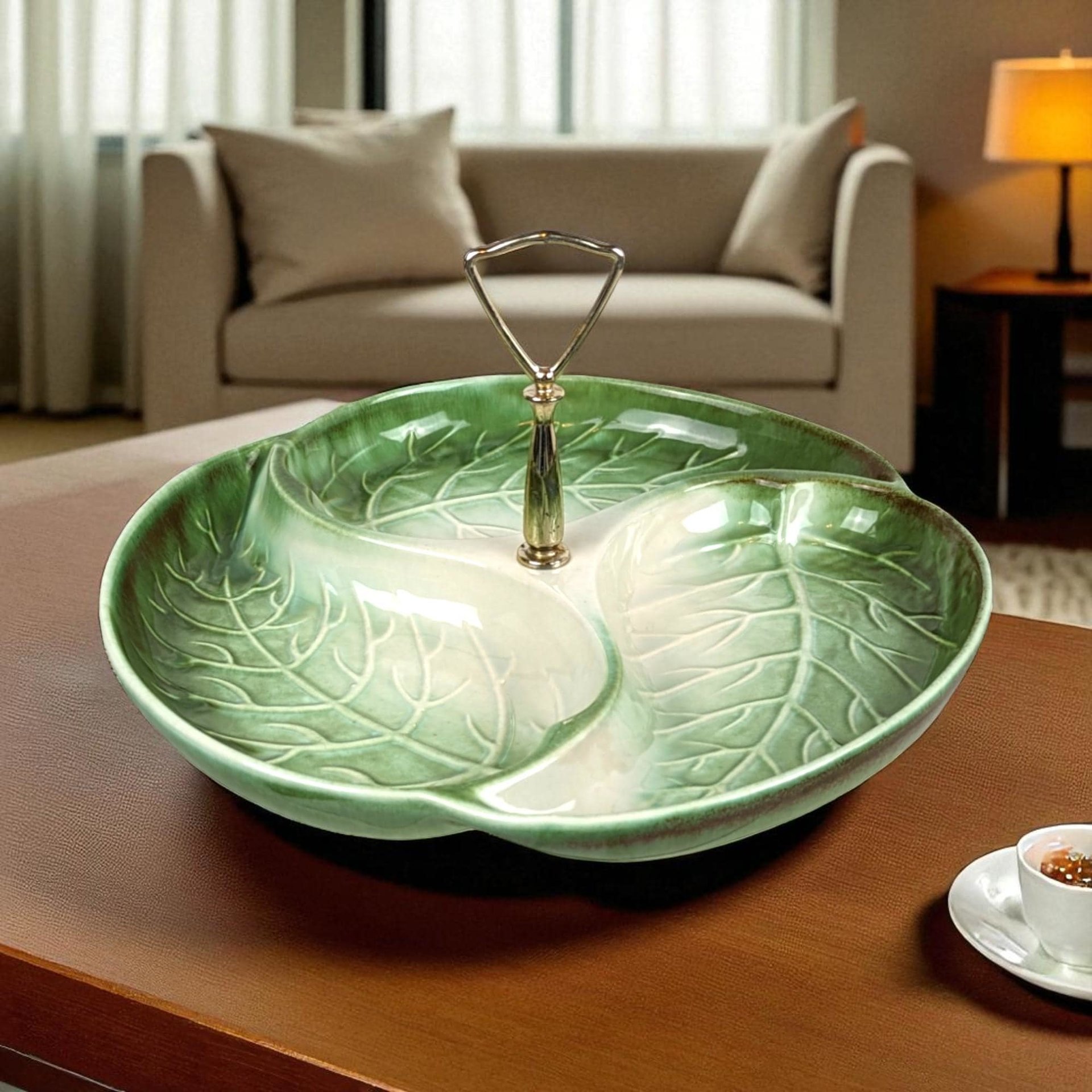 Vintage Green Ceramic Leaf Tray: Royal Haeger Mid-Century Serving Ware