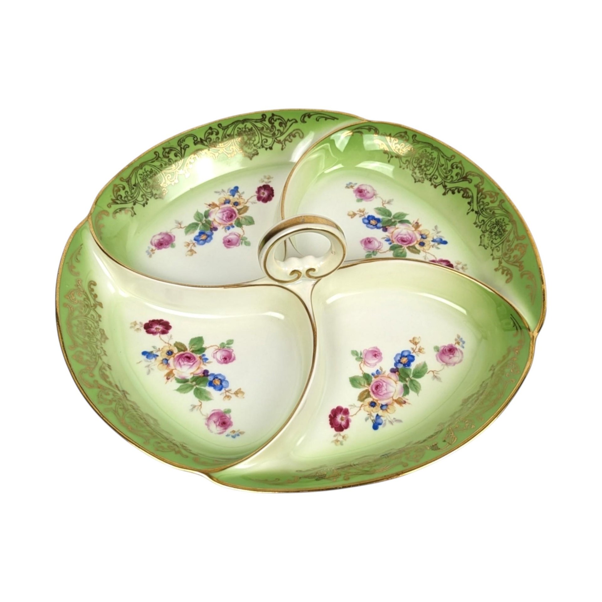 Vintage Tirschenreuth Bavaria Serving Tray: Green & Gold Floral Porcelain Dish