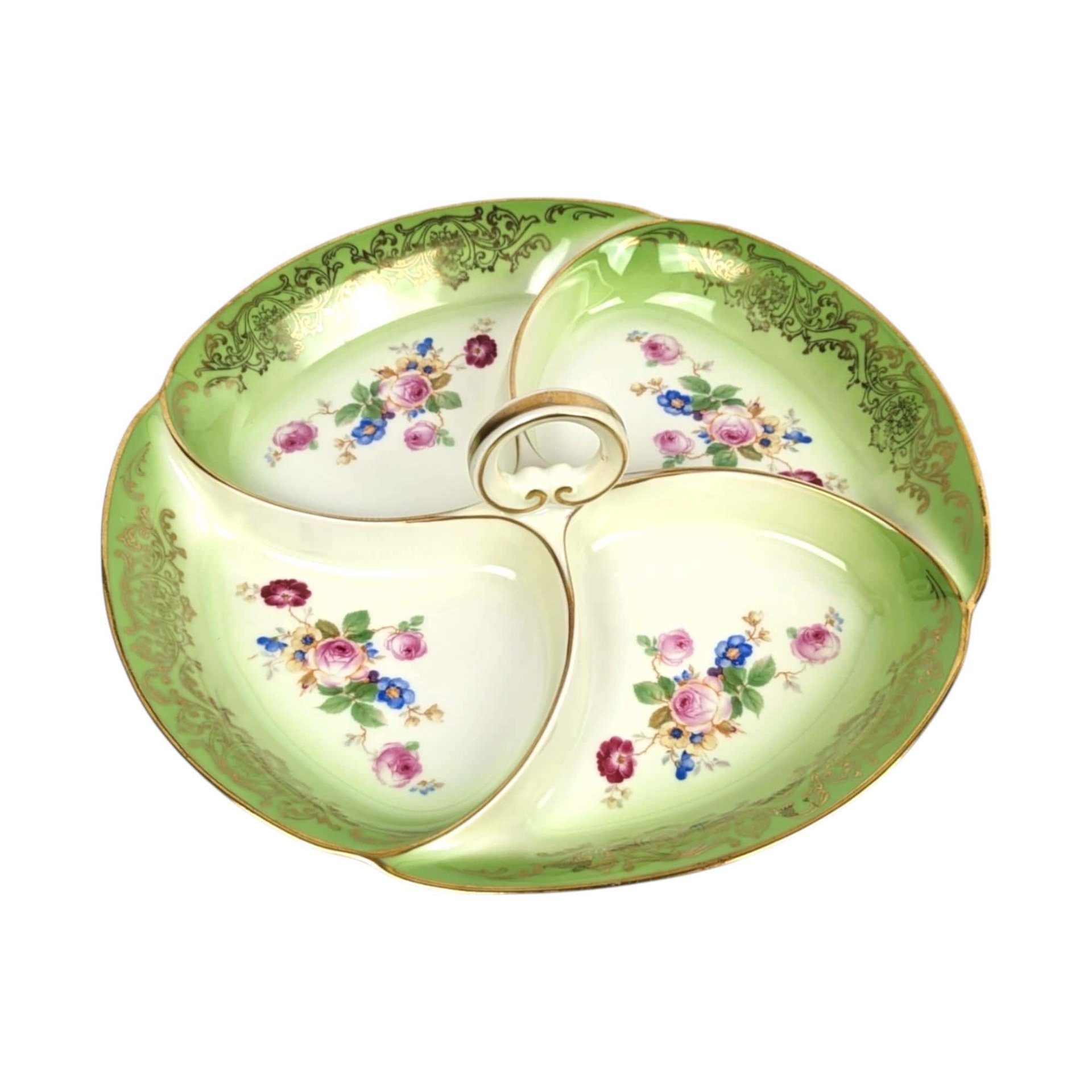 Vintage Tirschenreuth Bavaria Serving Tray: Green & Gold Floral Porcelain Dish