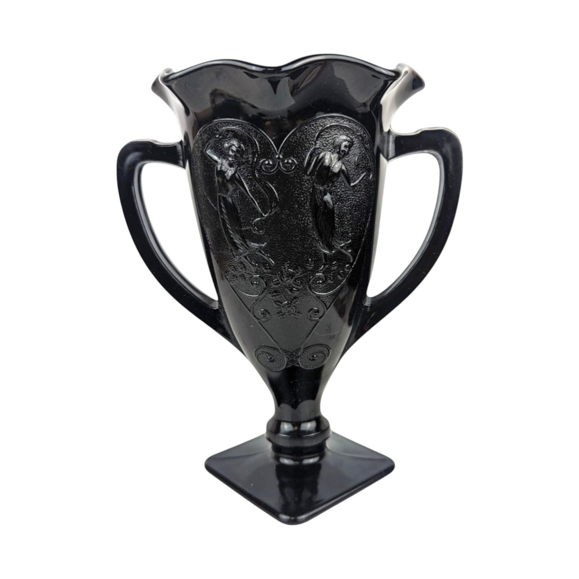 Vintage L.E. Smith Dancing Nymphs Vase: Black Amethyst Art Deco Glassware