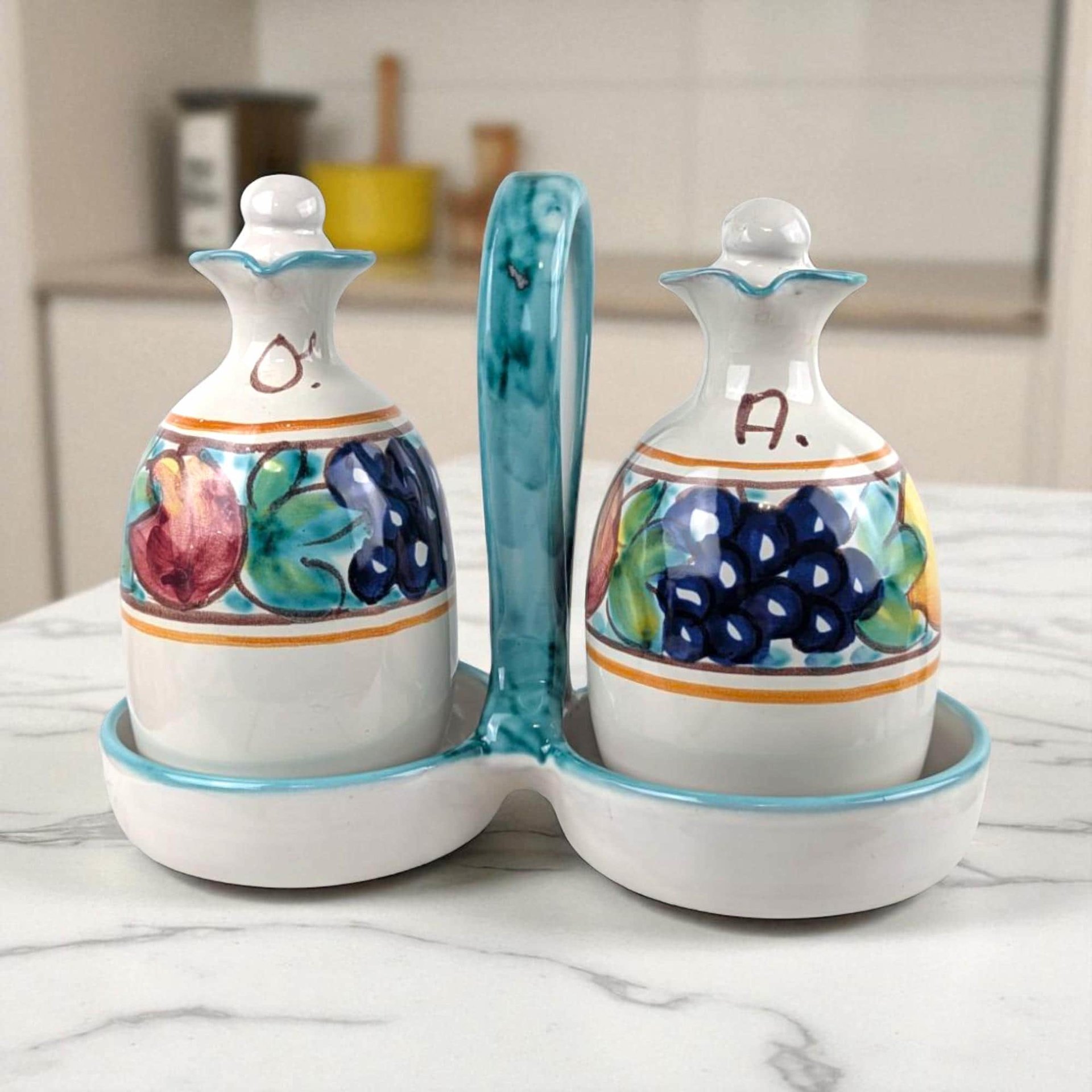 Vintage Italian Pottery Cruet Set: Hand-Painted Oil & Vinegar Bottles