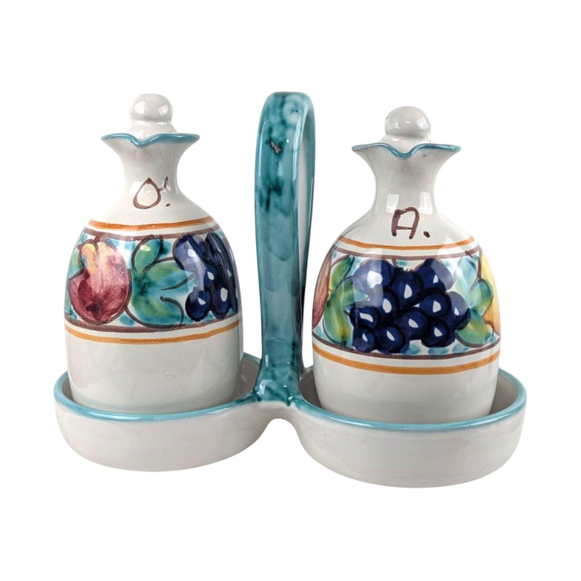 Vintage Italian Pottery Cruet Set: Hand-Painted Oil & Vinegar Bottles