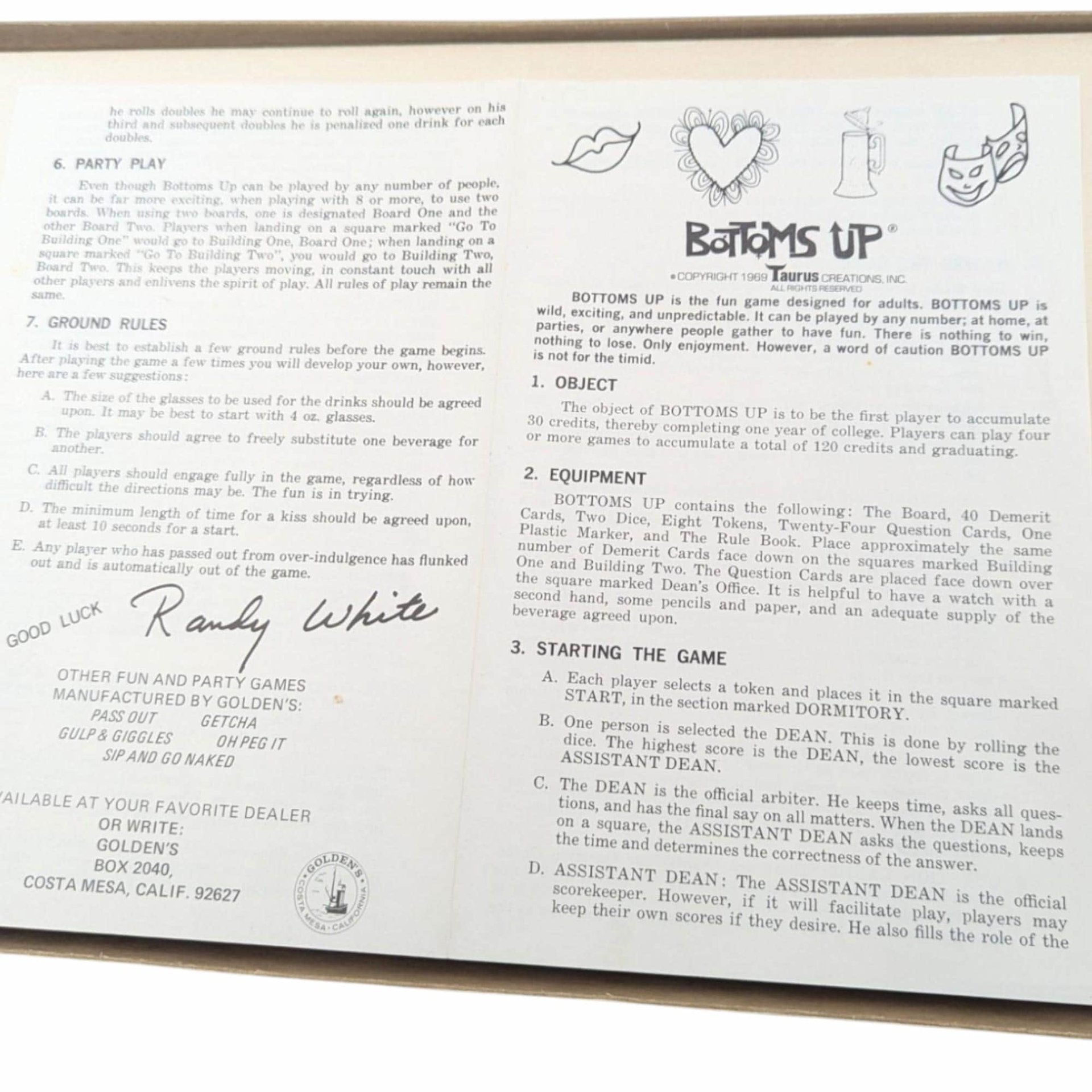 Vintage 1969 Bottoms Up Board Game: 60s Adult Party Gag Gift