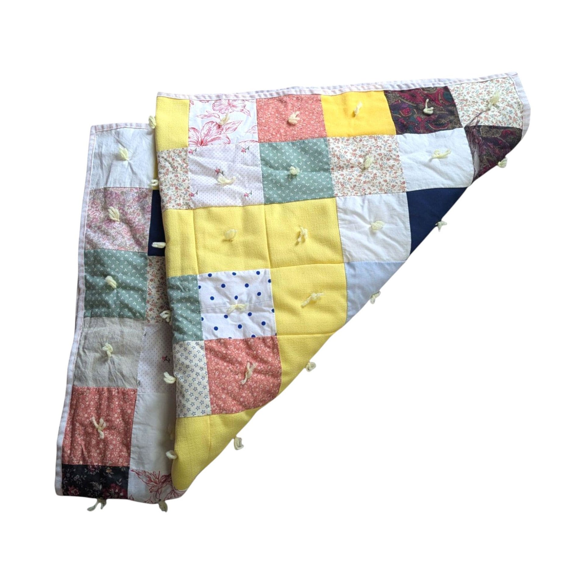 Vintage Handmade Patchwork Baby Blanket: Yellow Floral Calico Crib Quilt