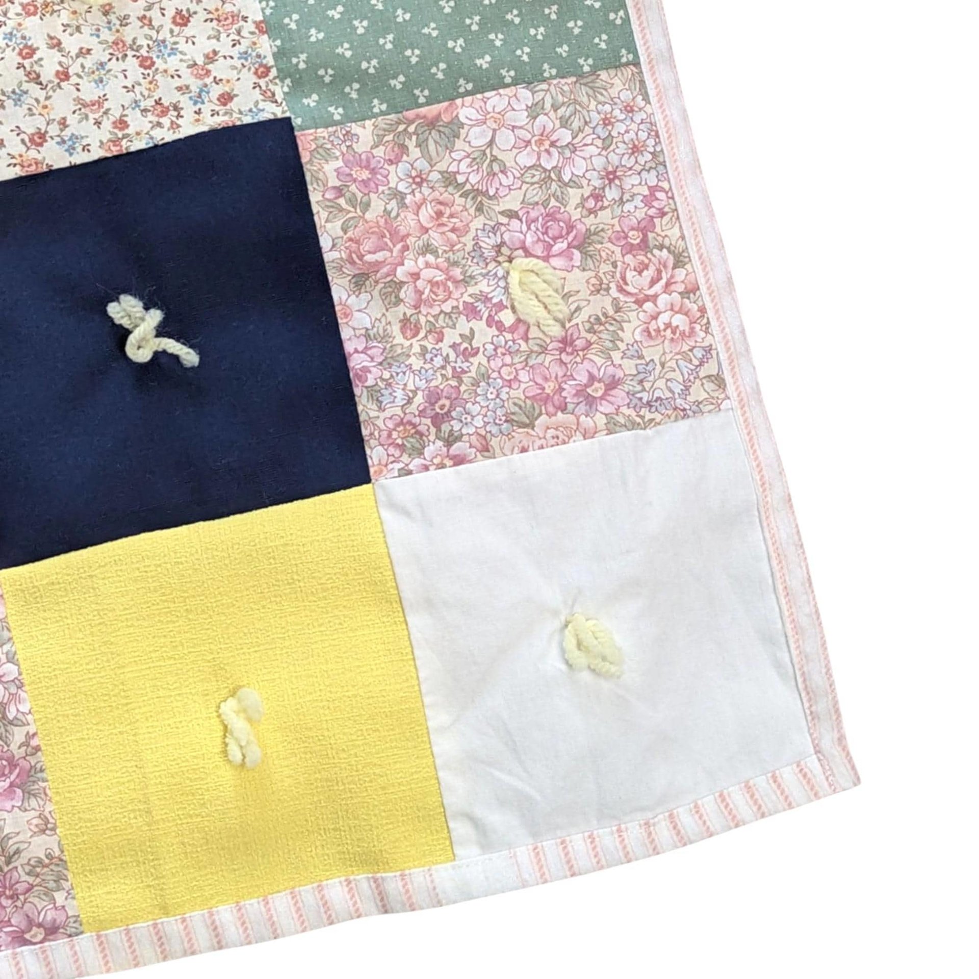 Vintage Handmade Patchwork Baby Blanket: Yellow Floral Calico Crib Quilt