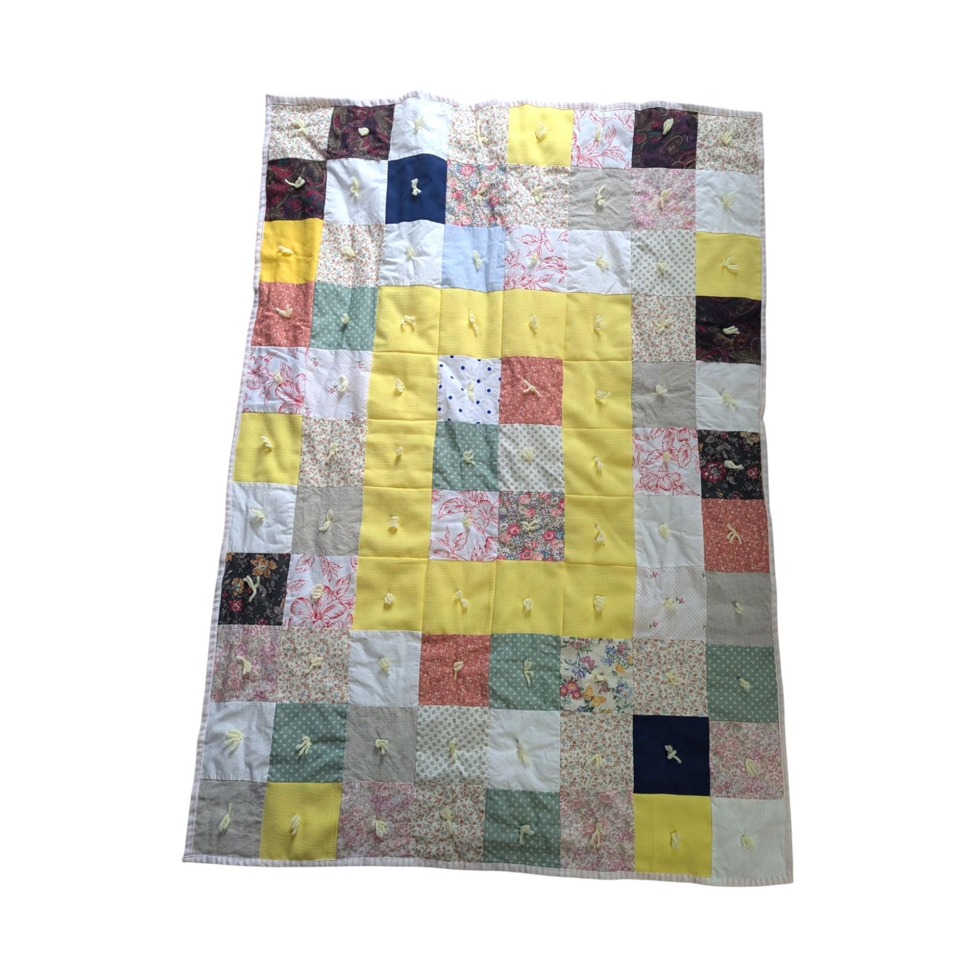 Vintage Handmade Patchwork Baby Blanket: Yellow Floral Calico Crib Quilt