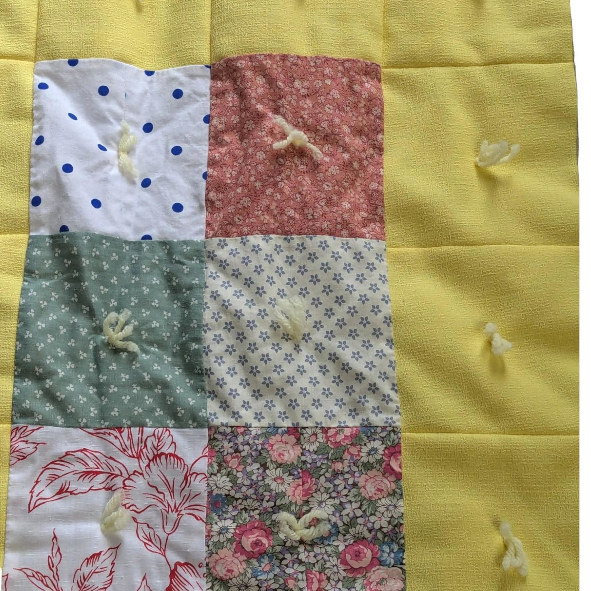 Vintage Handmade Patchwork Baby Blanket: Yellow Floral Calico Crib Quilt