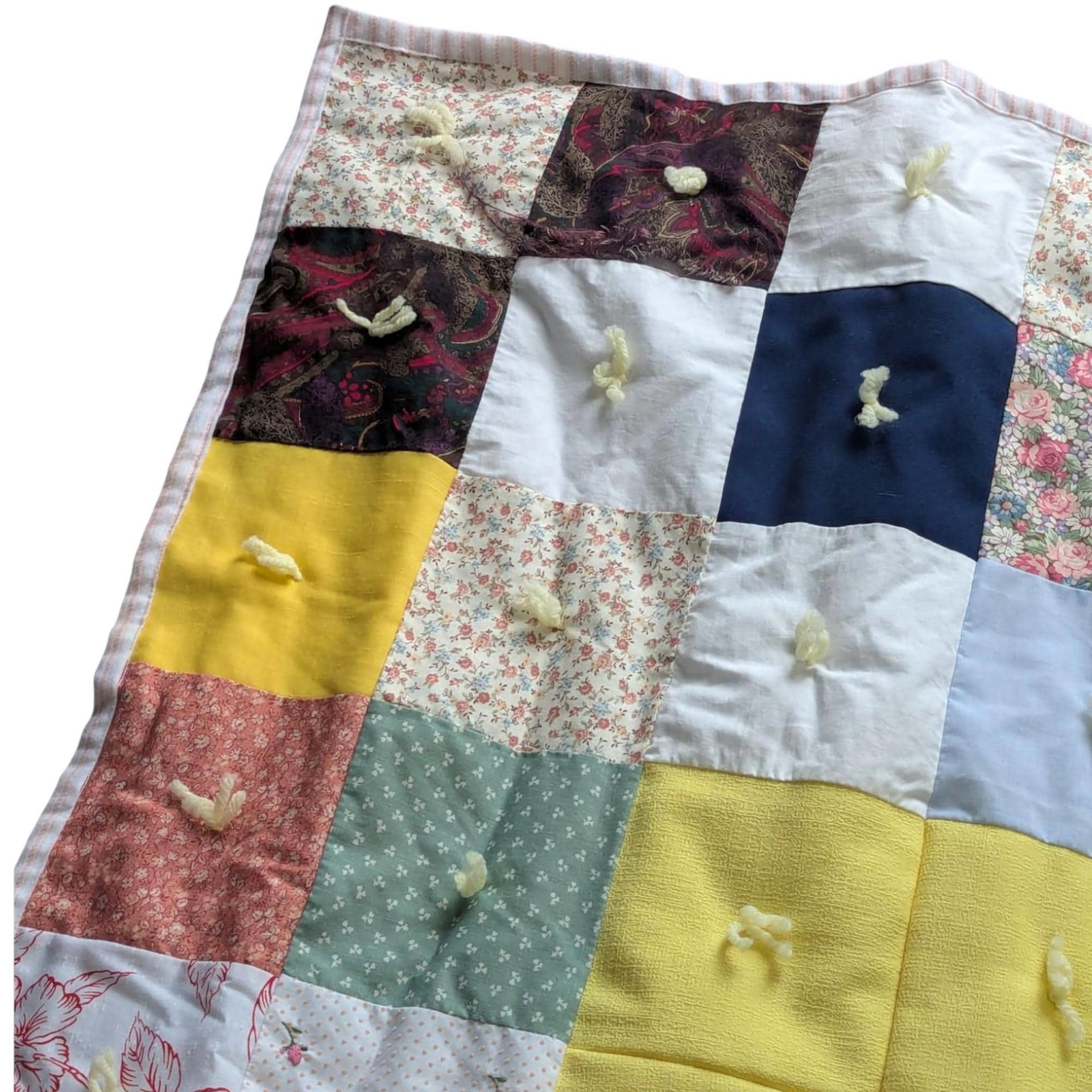 Vintage Handmade Patchwork Baby Blanket: Yellow Floral Calico Crib Quilt