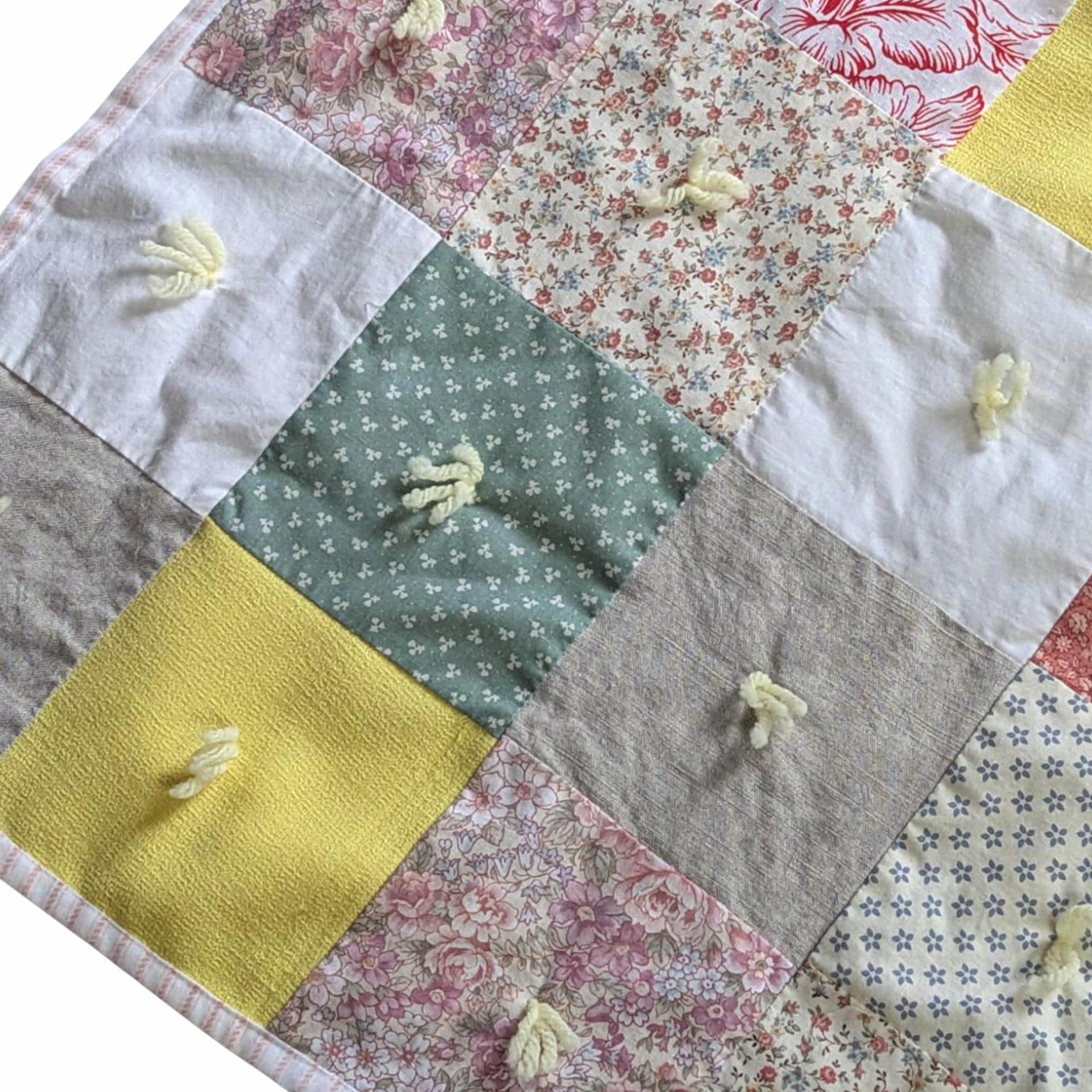Vintage Handmade Patchwork Baby Blanket: Yellow Floral Calico Crib Quilt
