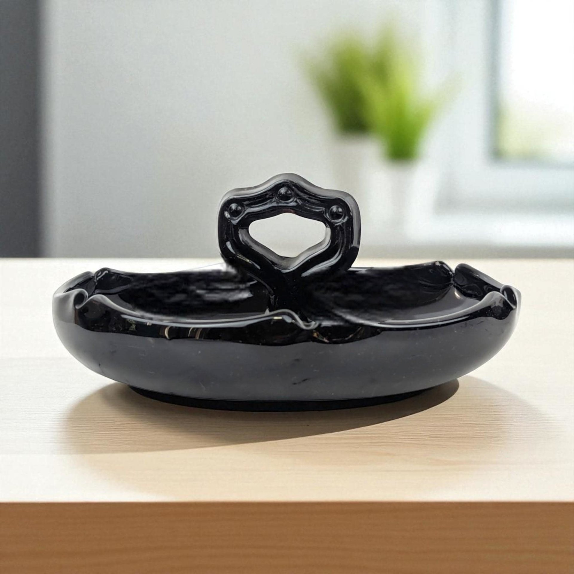 Vintage Black Glass Trinket Dish with Handle: Art Deco Vanity Tray