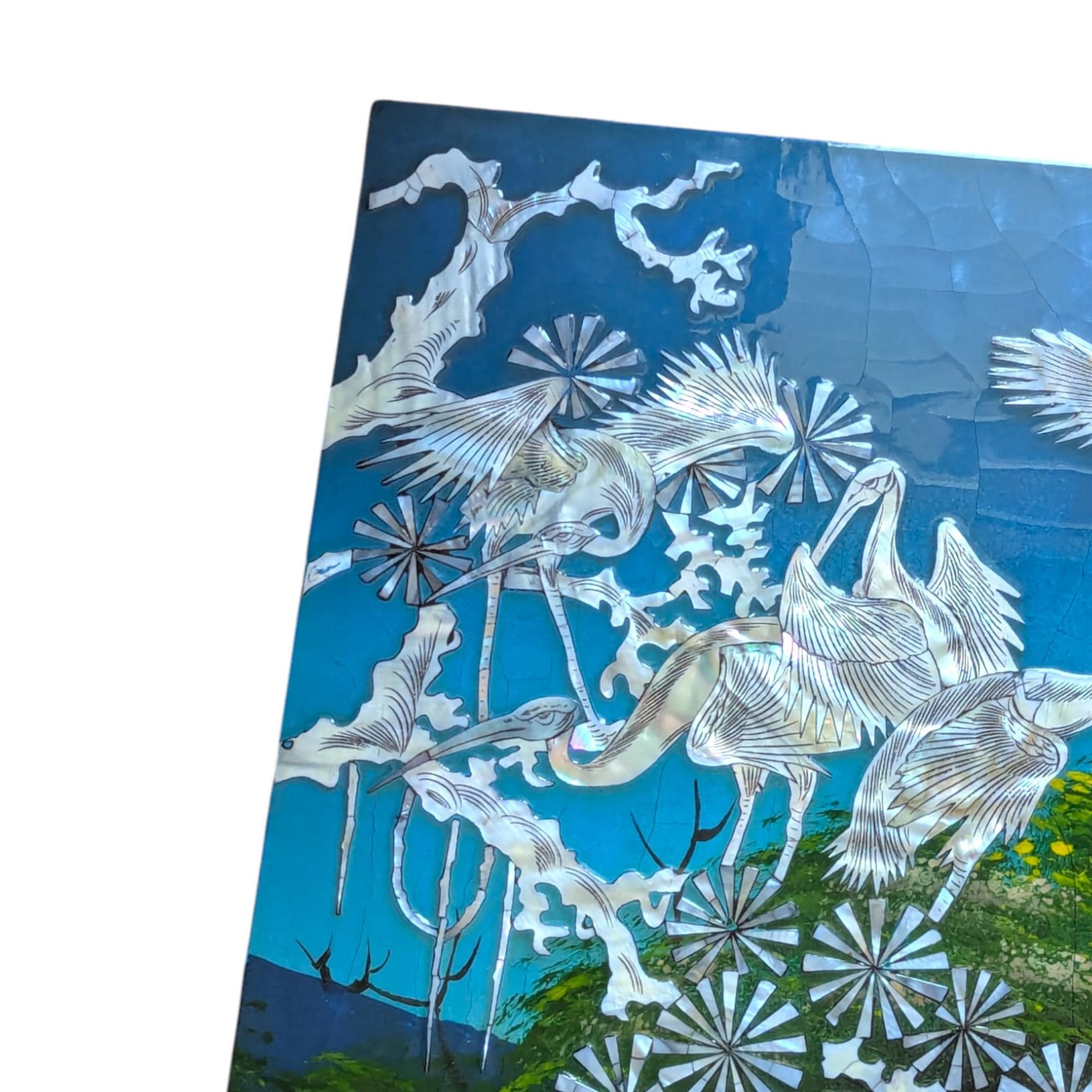 Vintage Mother of Pearl Inlay Panel, Large Asian Lacquer Wall Art with Cranes, Scenic Bird Wall Hanging, Oriental Decor