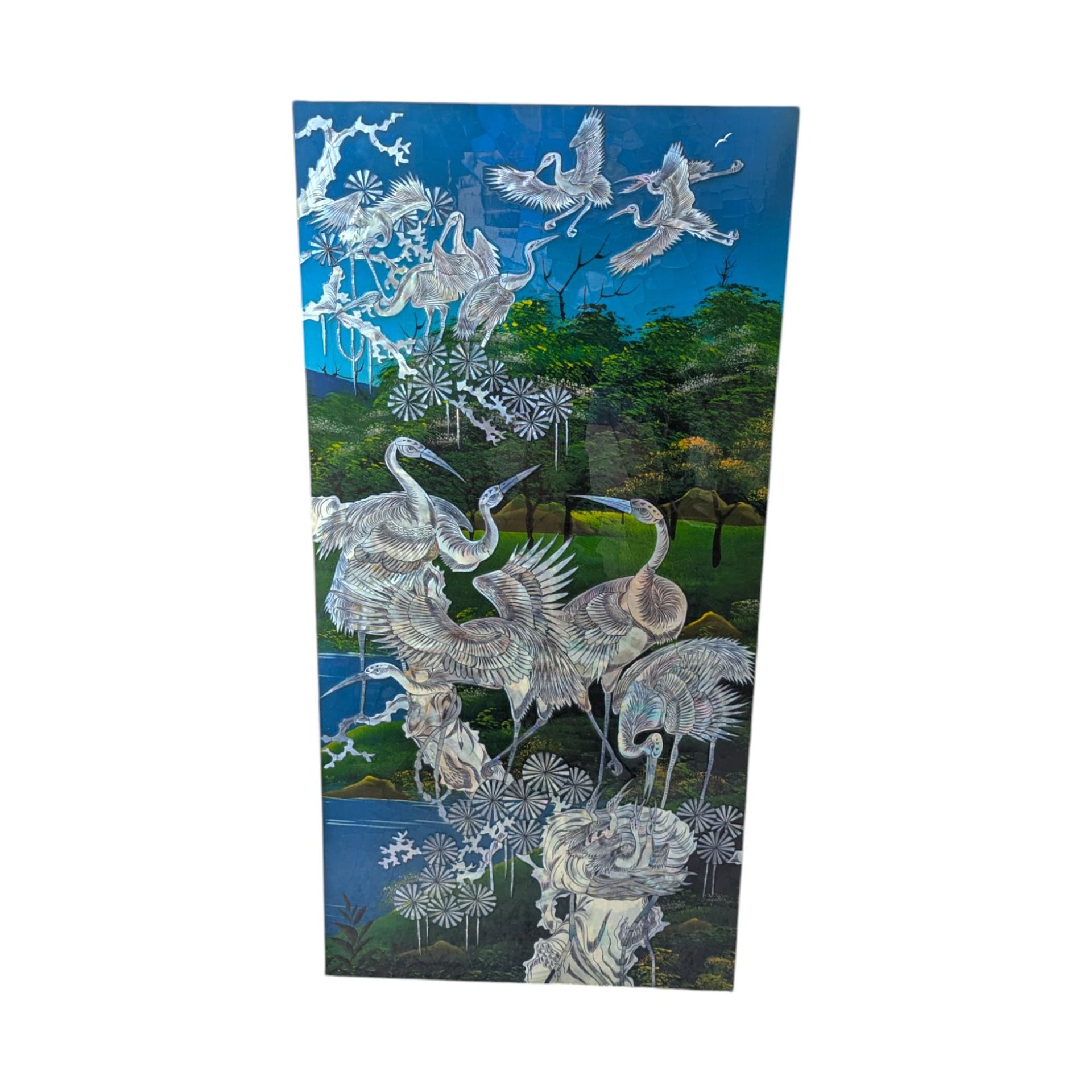 Vintage Mother of Pearl Inlay Panel, Large Asian Lacquer Wall Art with Cranes, Scenic Bird Wall Hanging, Oriental Decor