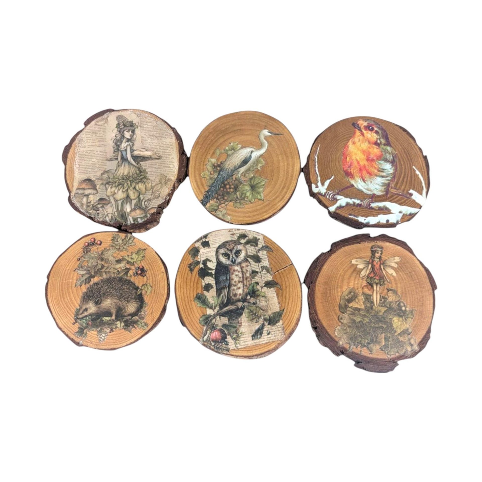 Vintage Wood Slice Coasters (Set of 6): Nature Fairy & Bird Designs