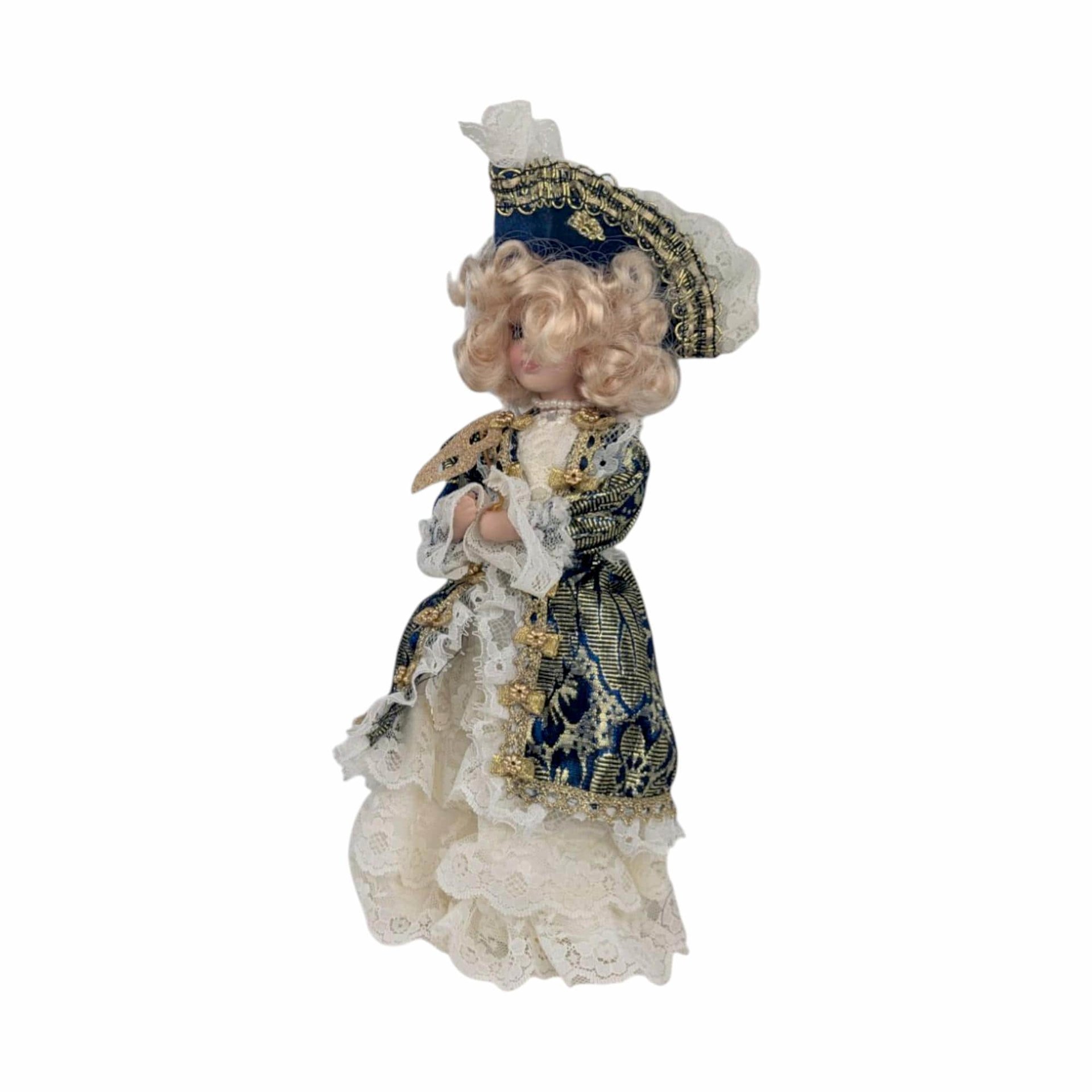 Vintage Porcelain Victorian Lady Doll: Blue & Gold Gown, Lace Hat