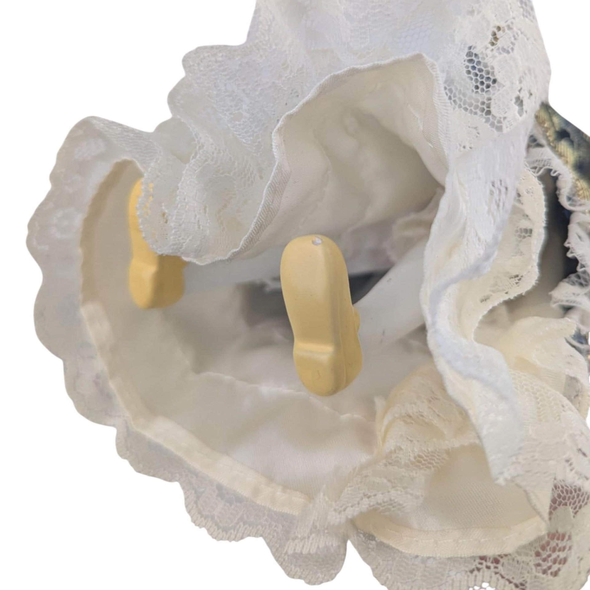 Vintage Porcelain Victorian Lady Doll: Blue & Gold Gown, Lace Hat