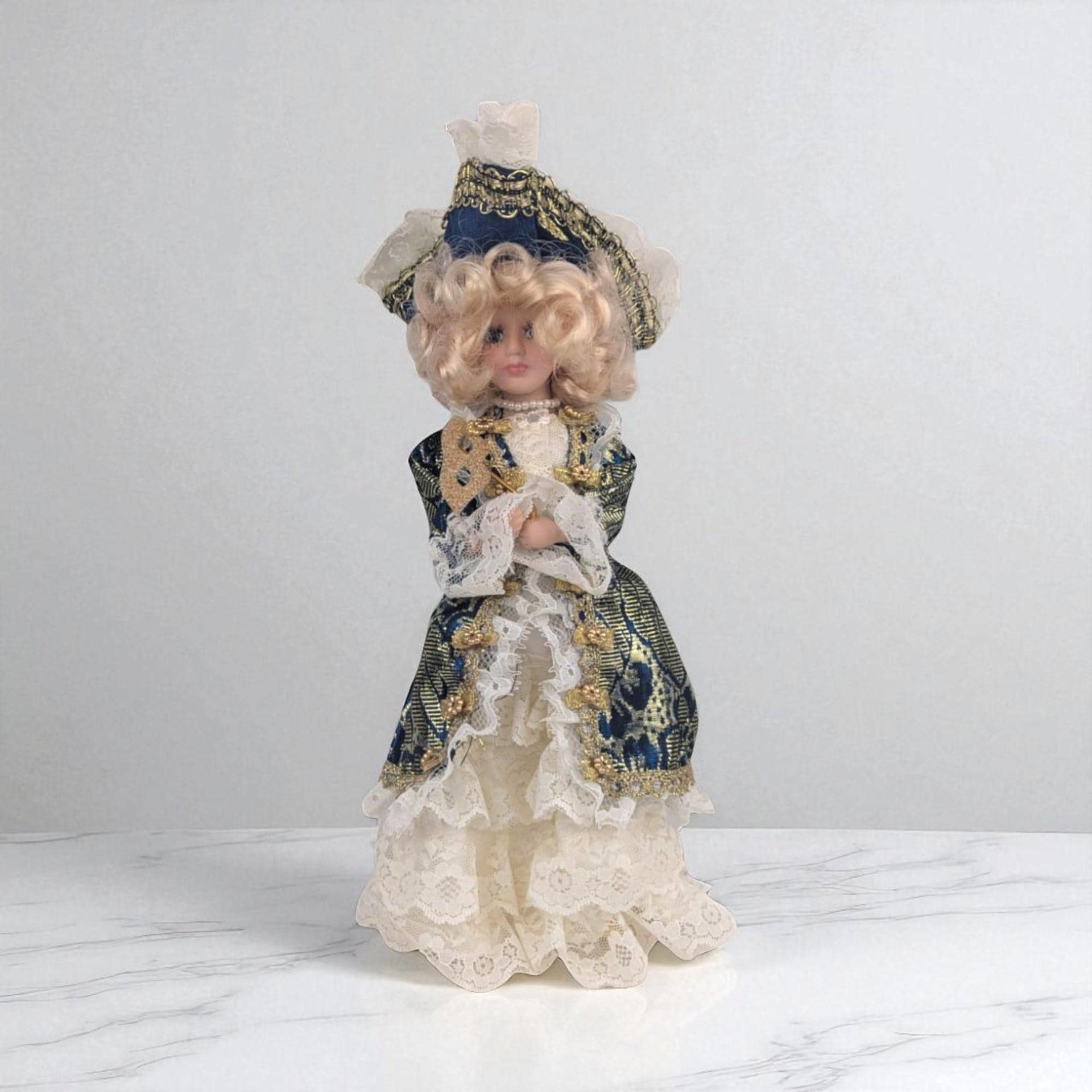 Vintage Porcelain Victorian Lady Doll: Blue & Gold Gown, Lace Hat