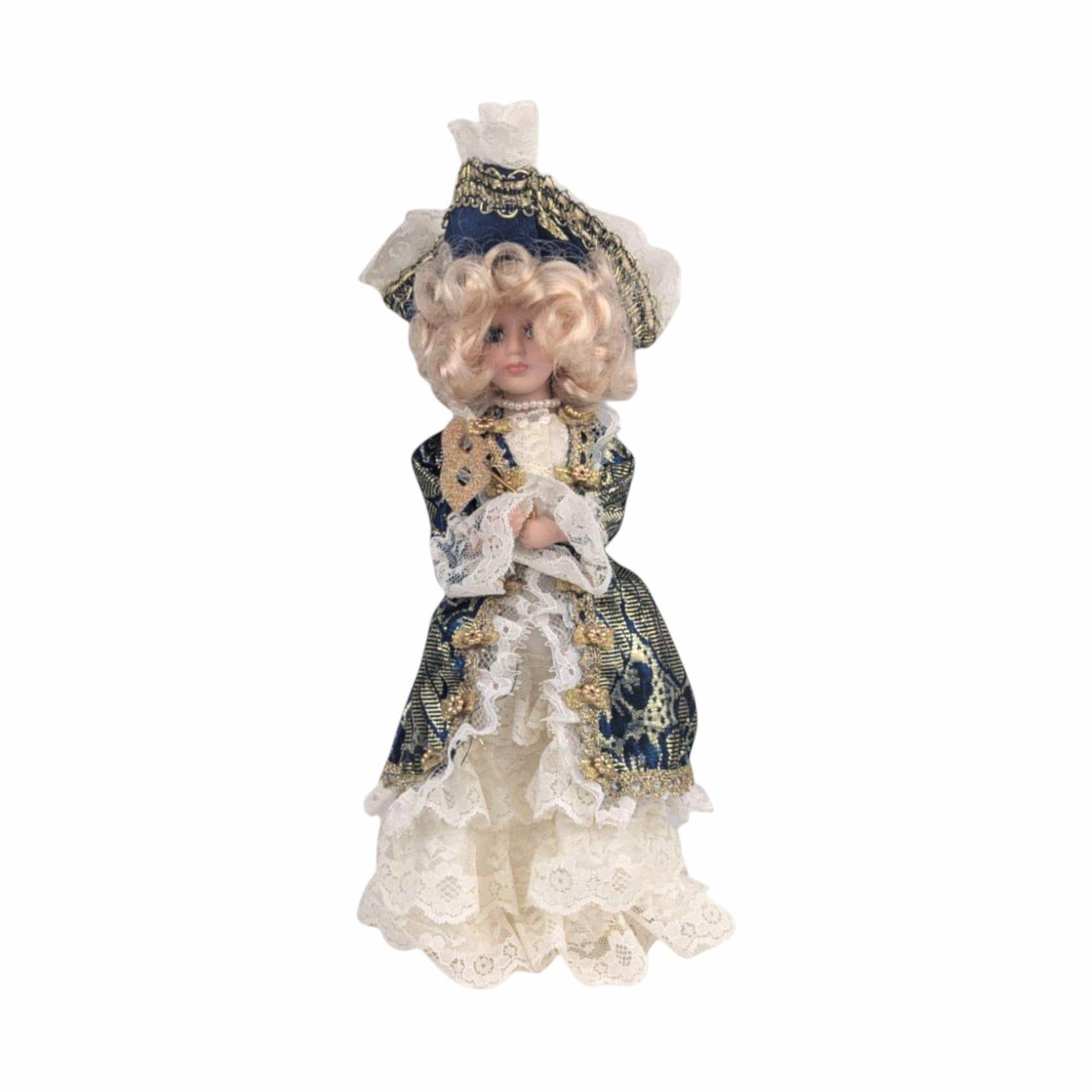 Vintage Porcelain Victorian Lady Doll: Blue & Gold Gown, Lace Hat