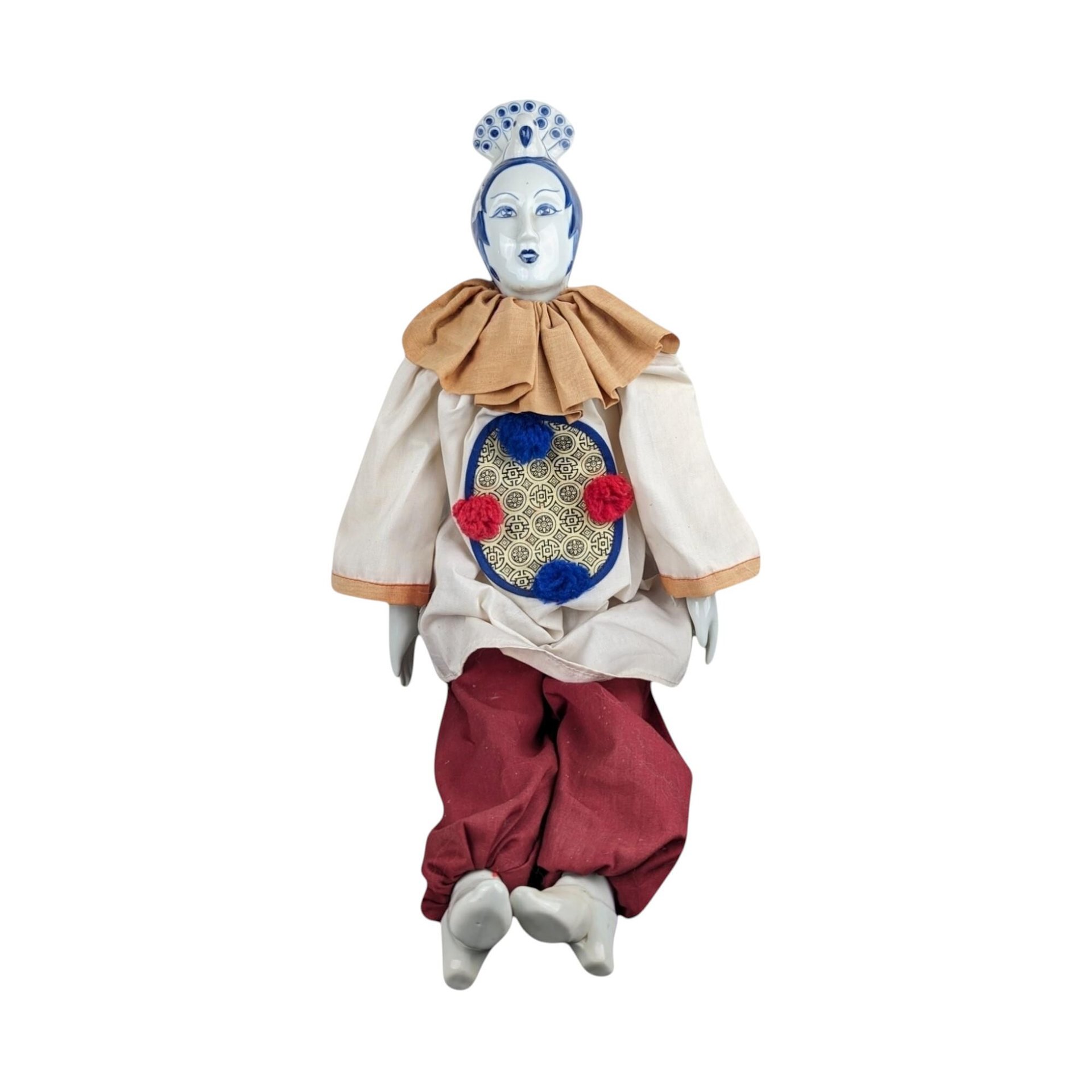Vintage Chinese Opera Doll: Blue & White Porcelain, 24 Inch with Stand