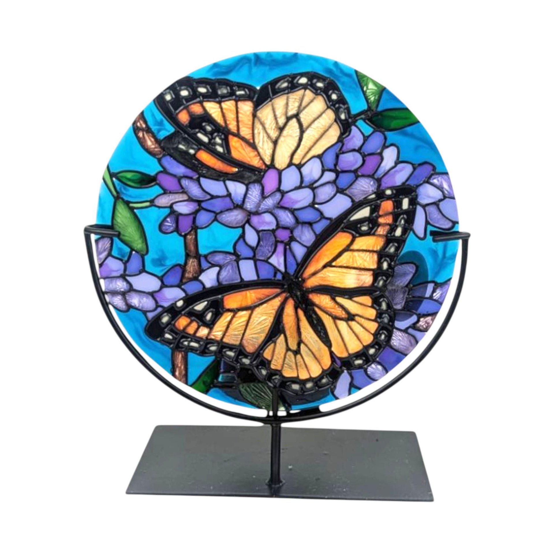 Vintage Joan Baker Handpainted Glass Candle Holder: Monarch Butterfly Art