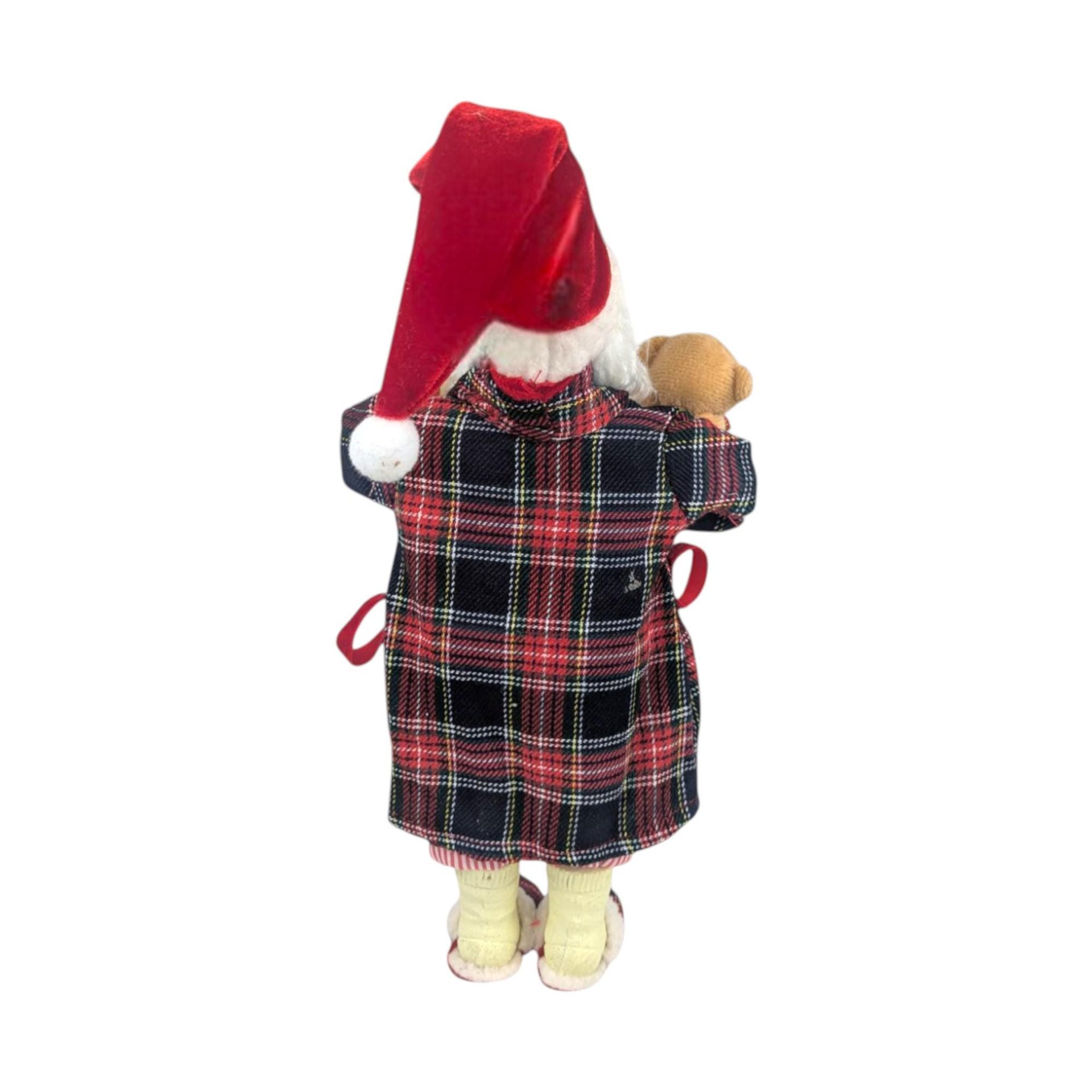Vintage Standing Santa Figure: Plaid Robe, Teddy Bear, Christmas Mantel Decor
