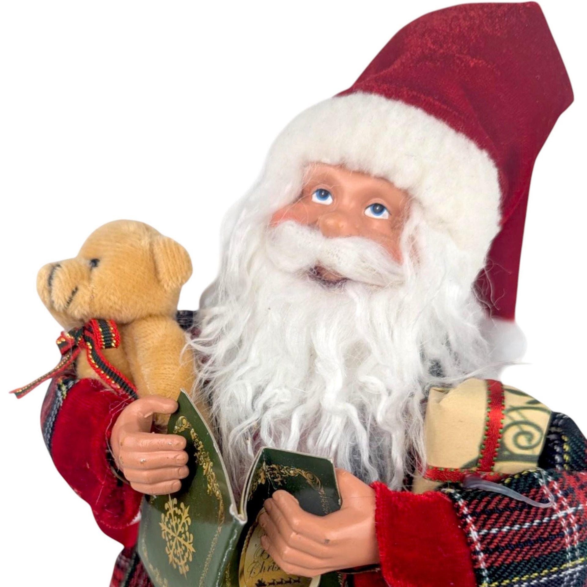 Vintage Standing Santa Figure: Plaid Robe, Teddy Bear, Christmas Mantel Decor