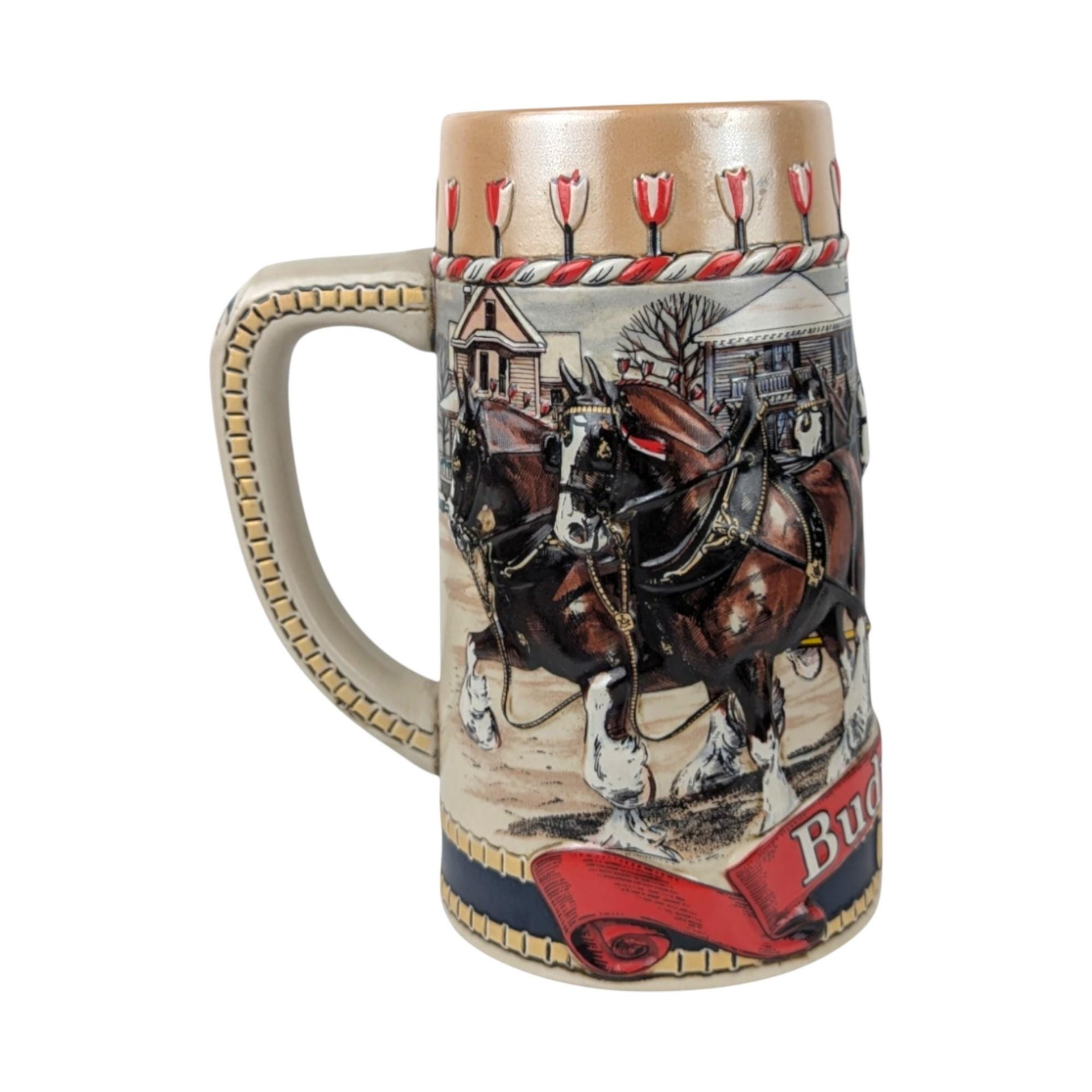 1986 Budweiser Holiday Stein: Clydesdale Horses Christmas Town Scene