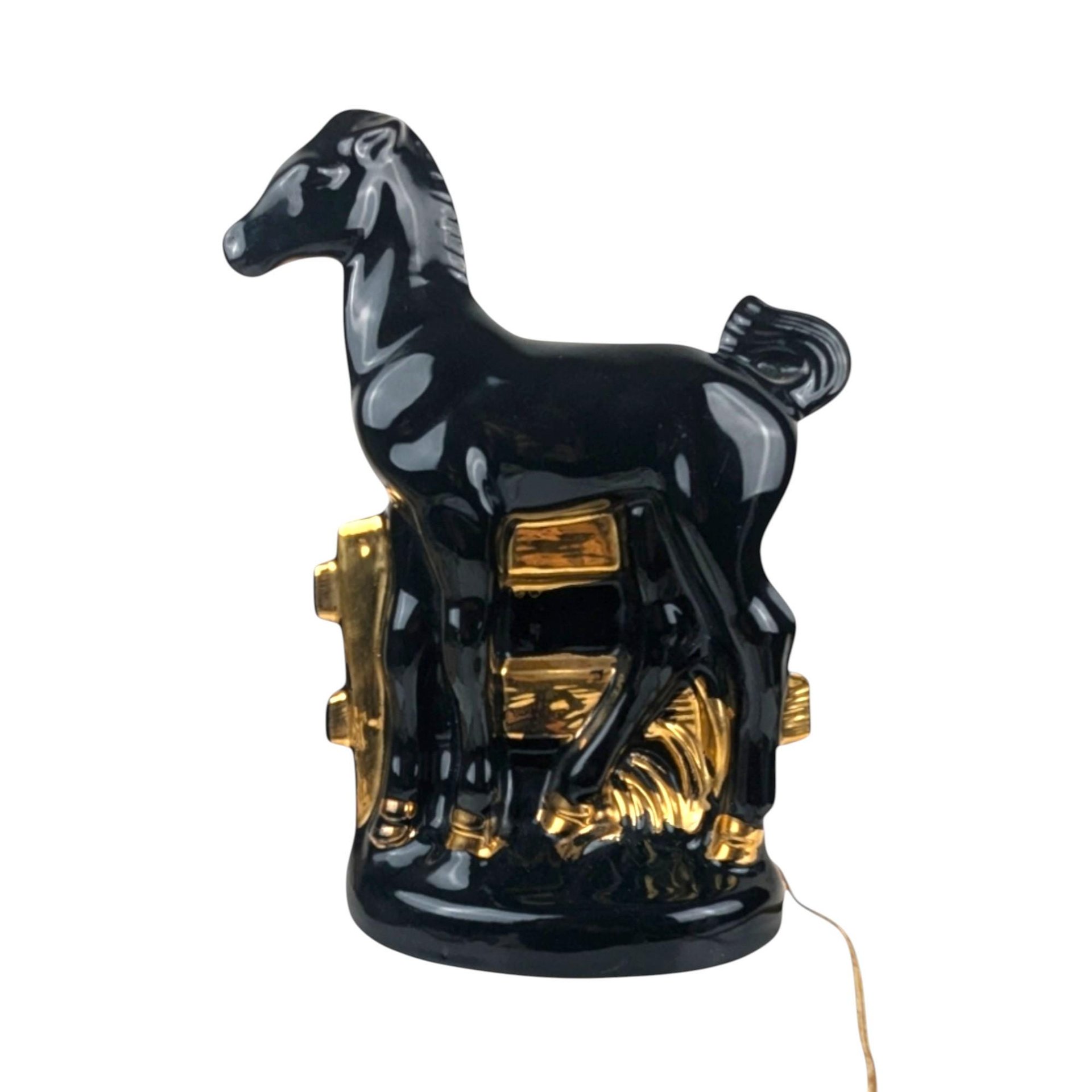 Vintage Black Ceramic Horse Lamp: Gold Accent Equestrian Decor