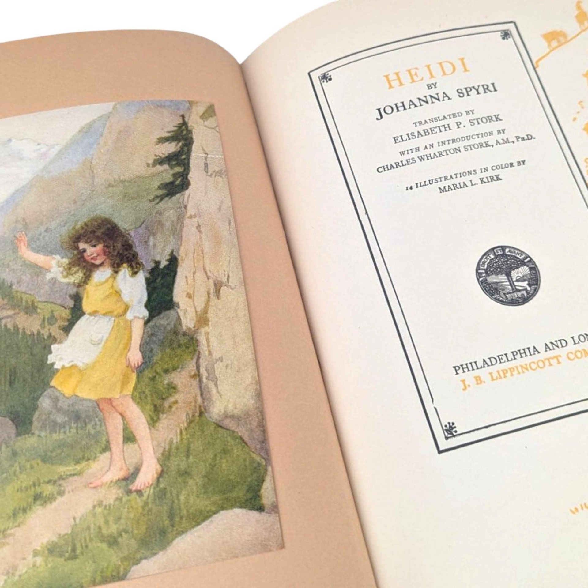 1919 Antique Heidi Book: Lippincott Edition, Maria L Kirk Illustrations