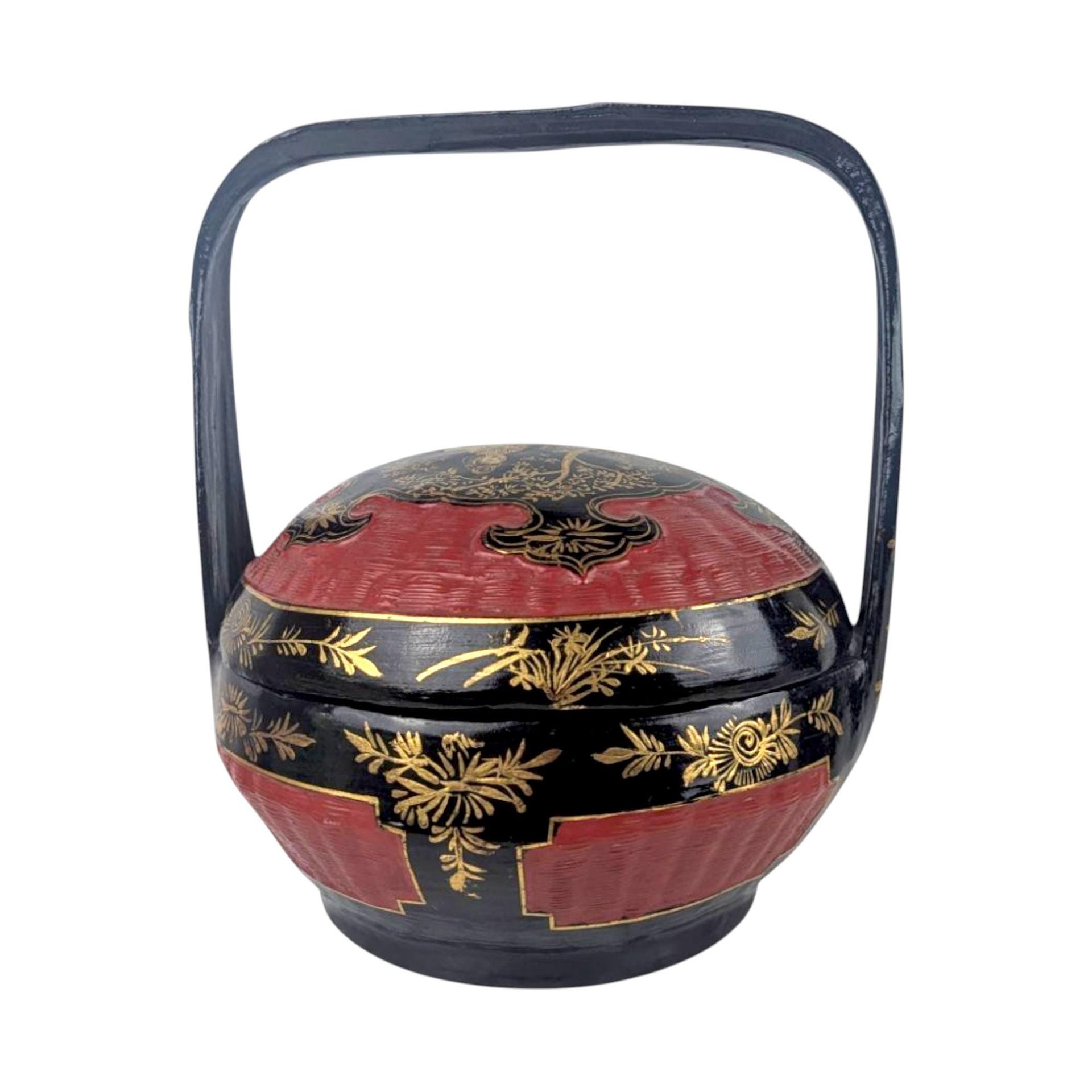 Vintage Chinese Wedding Basket: Hand-Painted Bamboo Bakul Sia