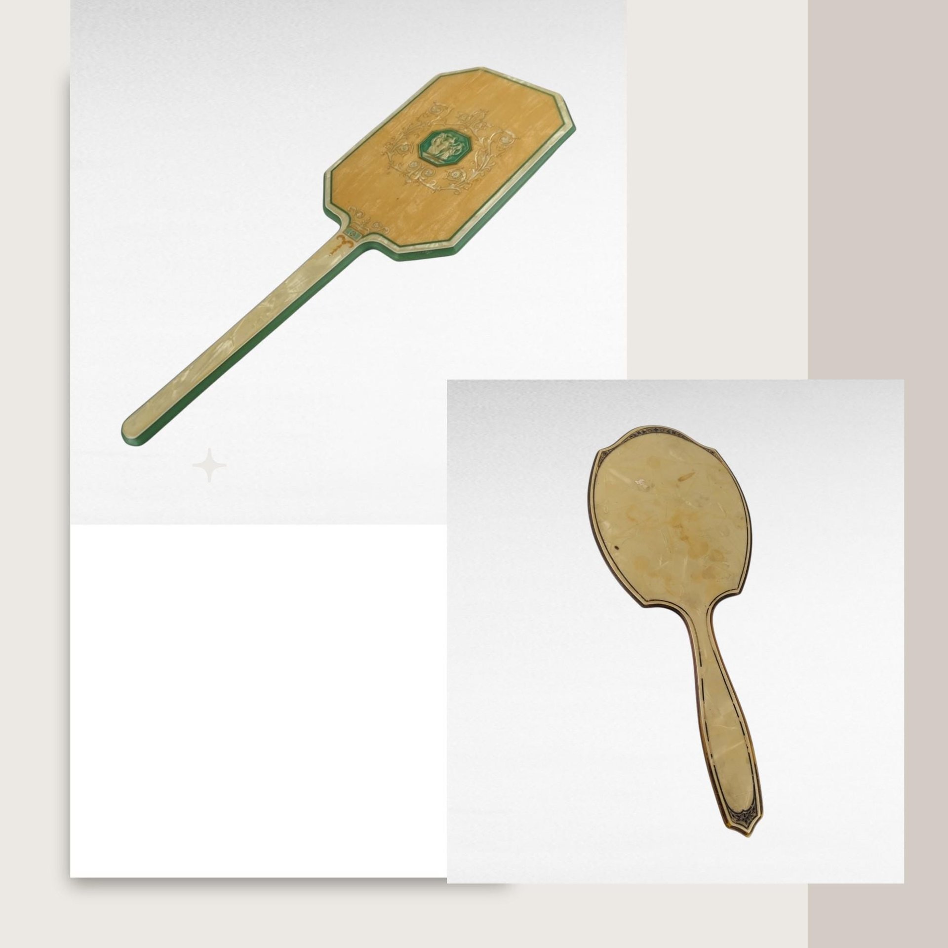 Vintage Lucite & Celluloid Hand Mirror Pair: Imperfect Vanity Decor