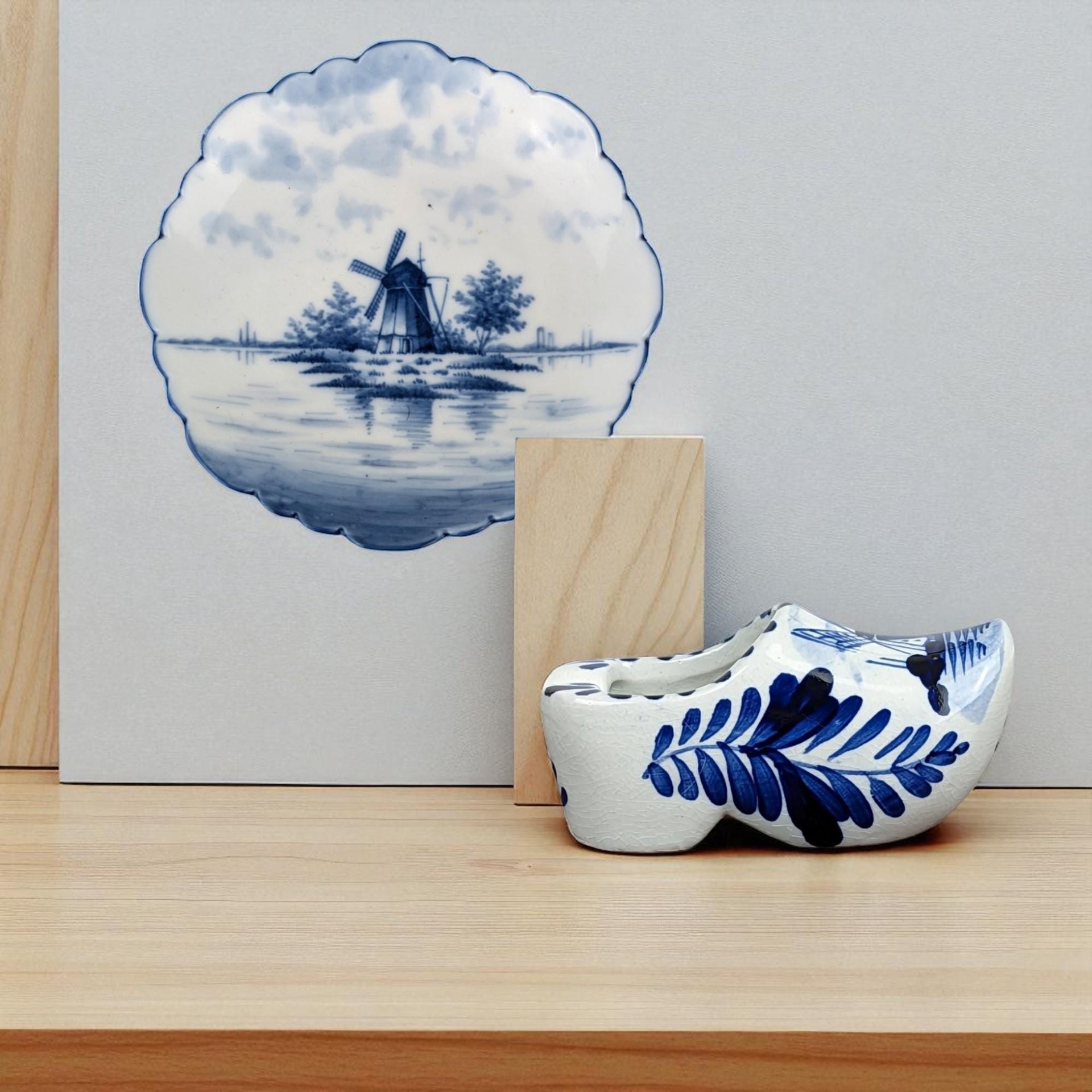 Vintage Delft Blue Shoe Ashtray & Windmill Plate: Hand-Painted Ceramic Decor Set