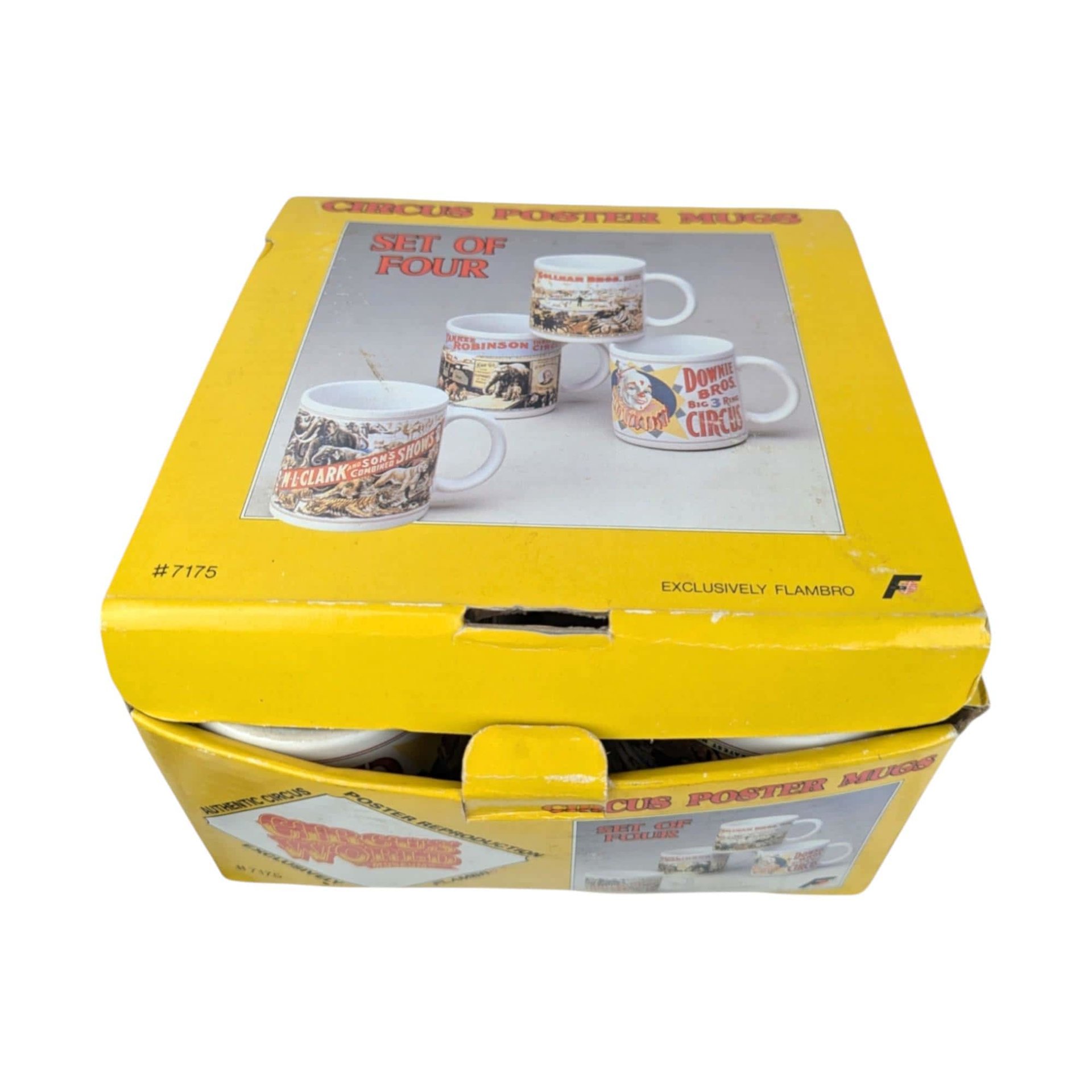 Vintage Flambro Ceramic Circus Poster Mugs - Set of 4, Retro Kitchen Decor